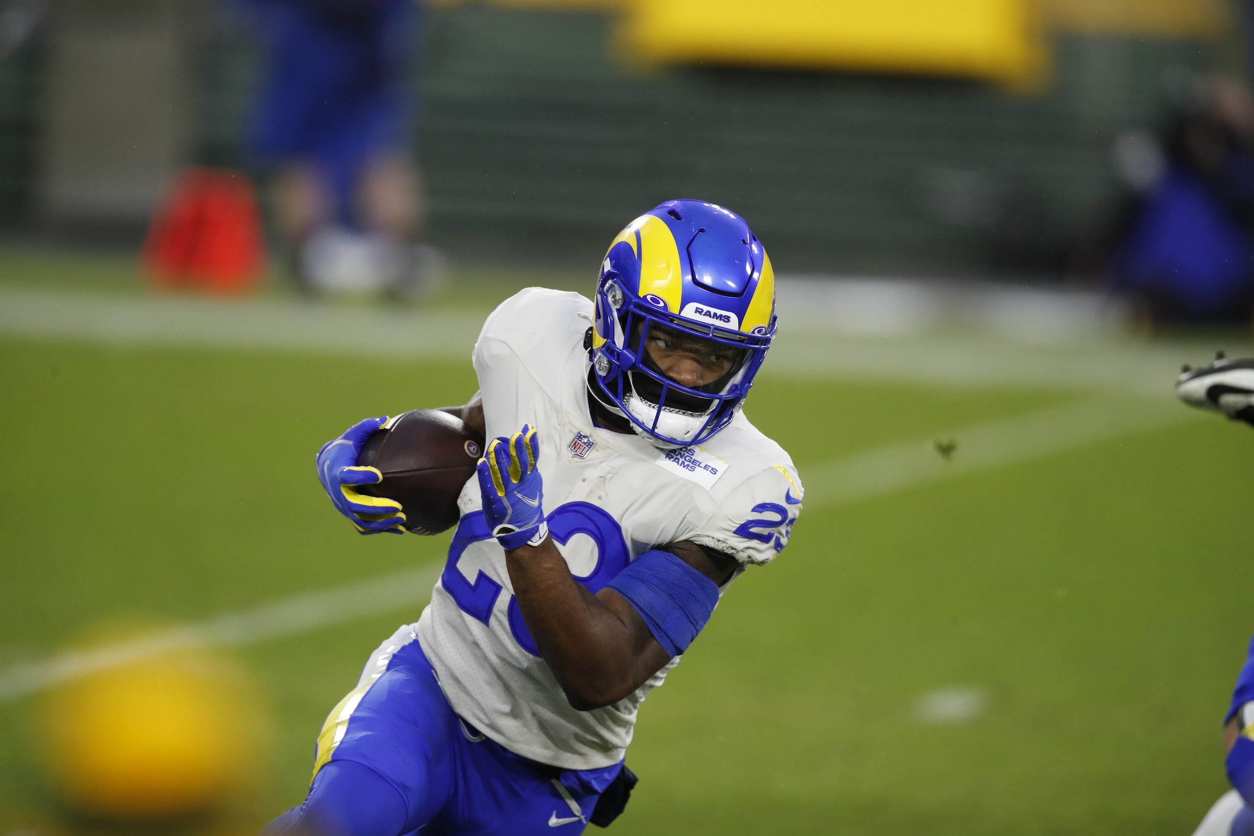 Football: NFL Playoffs: Los Angeles Rams Cam Akers (23) in action, rushing vs Green Bay Packers at Lambeau Field.
Green Bay, WI 1/16/2021
CREDIT: Jeff Haynes (Jeff Haynes/Sports Illustrated via Getty Images) (Set Number: X163499 TK1 )