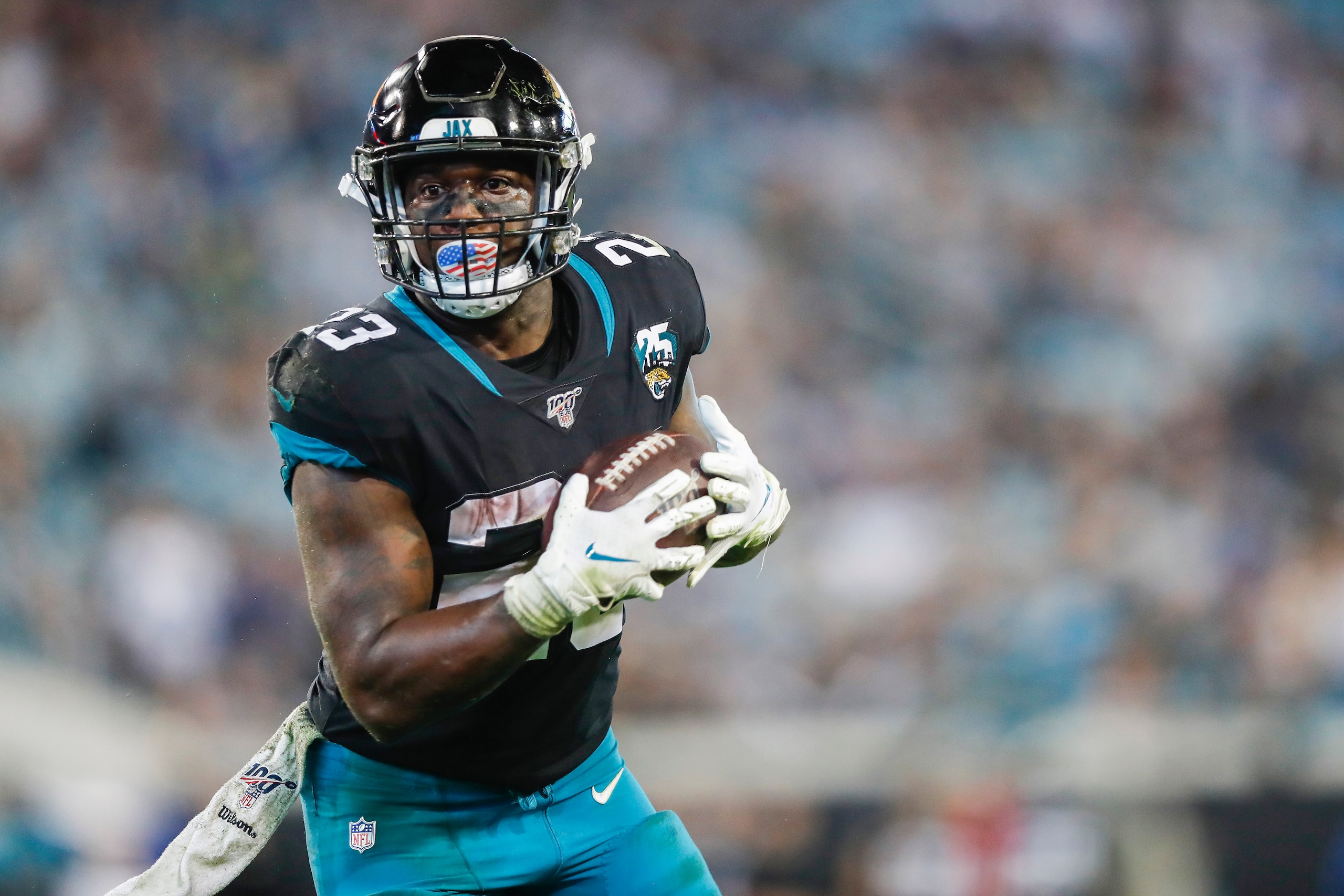 JACKSONVILLE, FLORIDA - DECEMBER 29: Ryquell Armstead #23 of the Jacksonville Jaguars catches a pass for a touchdown during the third quarter of a game against the Indianapolis Colts at TIAA Bank Field on December 29, 2019 in Jacksonville, Florida. (Photo by James Gilbert/Getty Images)