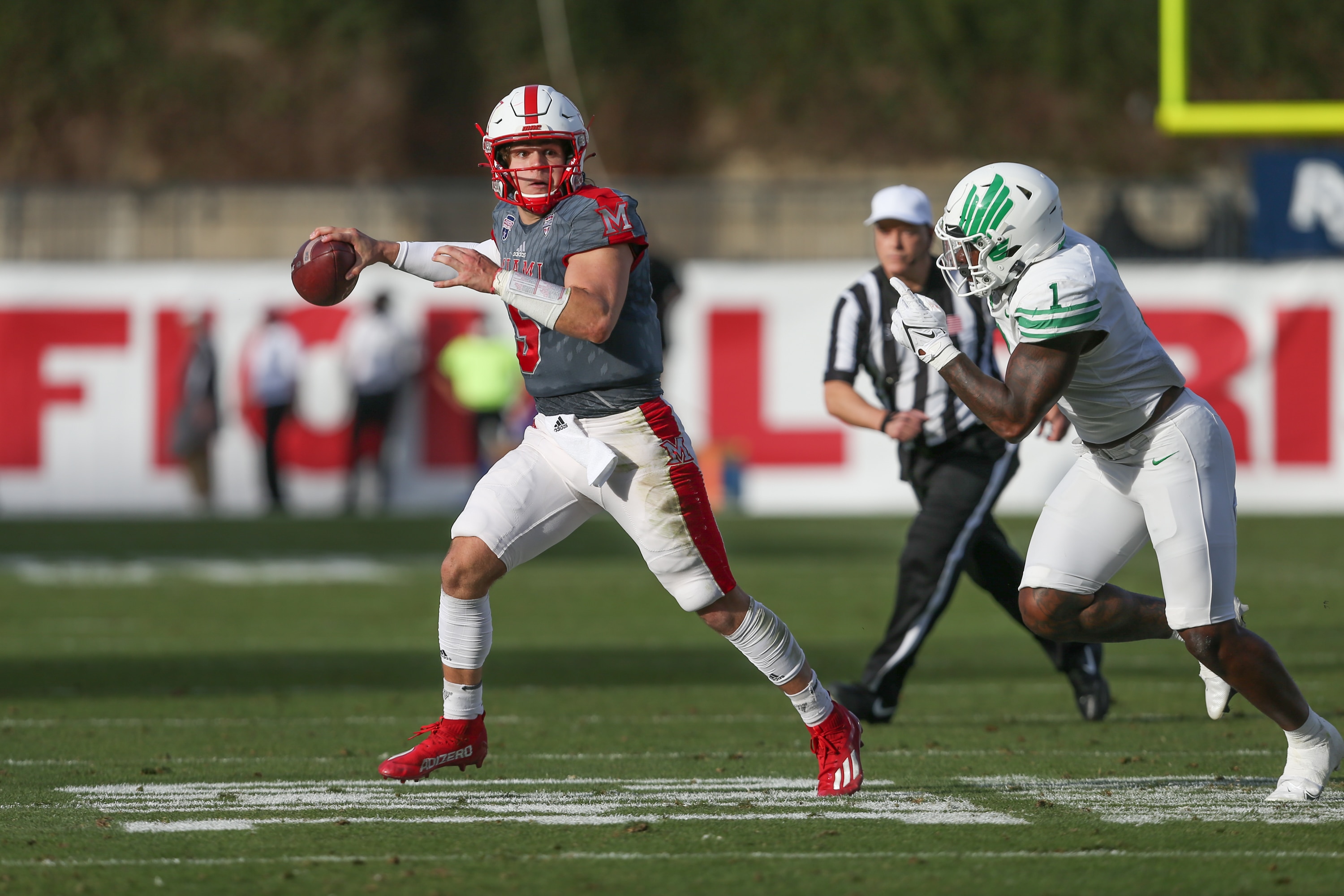 FRISCO, TX - DECEMBER 23: Miami (Oh) Redhawks quarterback Brett Gabbert (5) passes during the Frisco Football Classic Bowl between North Texas and Miami (OH) on December 23, 2021 at Toyota Stadium in Frisco, TX. (Photo by George Walker/Icon Sportswire via Getty Images)