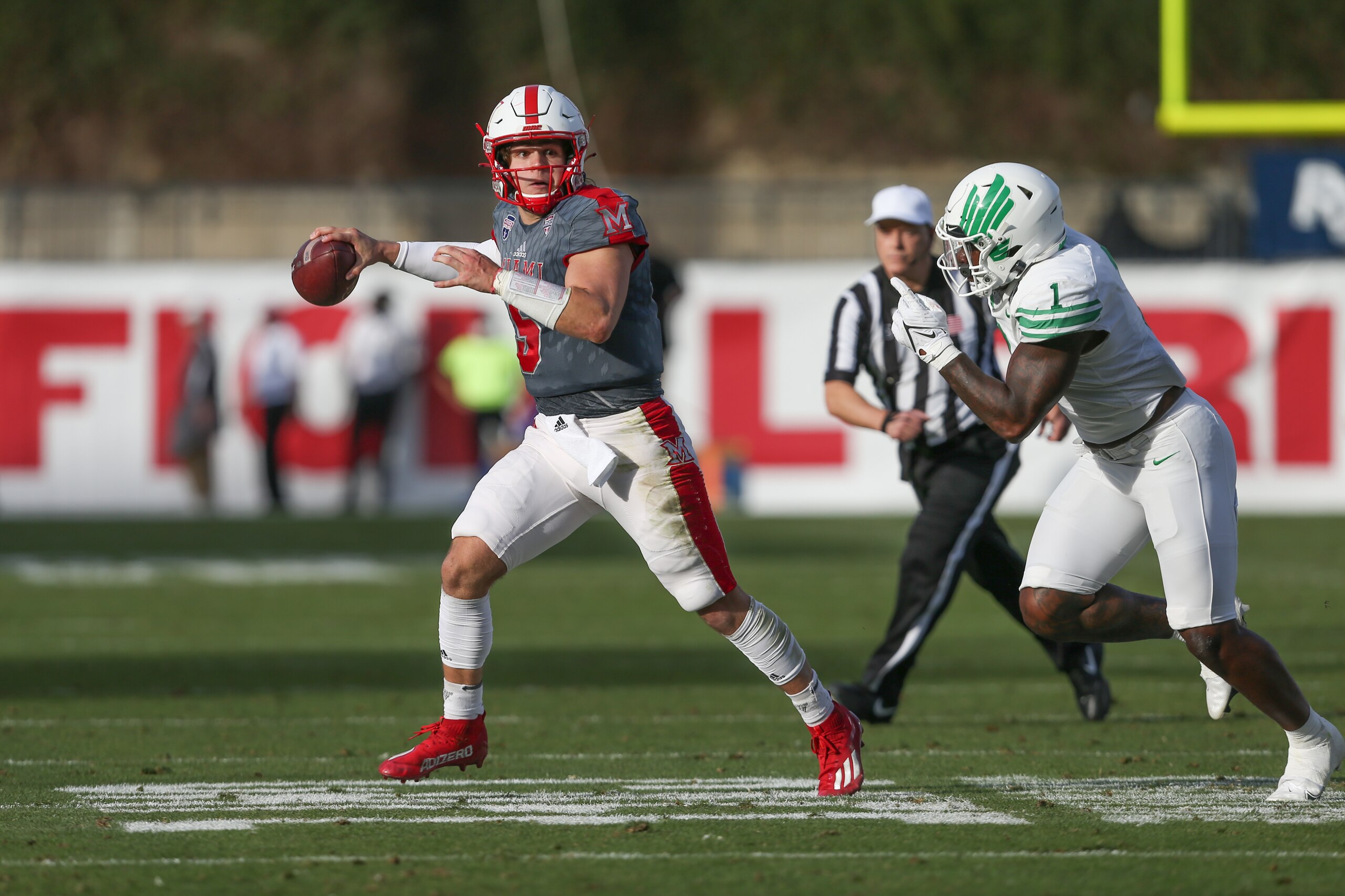 FRISCO, TX - DECEMBER 23: Miami (Oh) Redhawks quarterback Brett Gabbert (5) passes during the Frisco Football Classic Bowl between North Texas and Miami (OH) on December 23, 2021 at Toyota Stadium in Frisco, TX. (Photo by George Walker/Icon Sportswire via Getty Images)