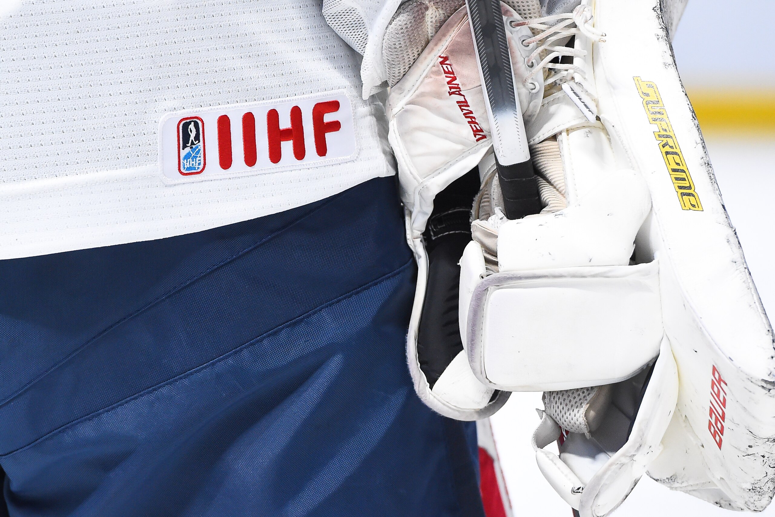 MONTREAL, QC - DECEMBER 19:  A closeup look at the IIHF embroidered logo on the jersey of goaltender Veini Vehvilainen of Team Finland #31 during the IIHF exhibition game against Team Canada at the Bell Centre on December 19, 2016 in Montreal, Quebec, Canada.  Team Canada defeated Team Finland 5-0.  (Photo by Minas Panagiotakis/Getty Images)