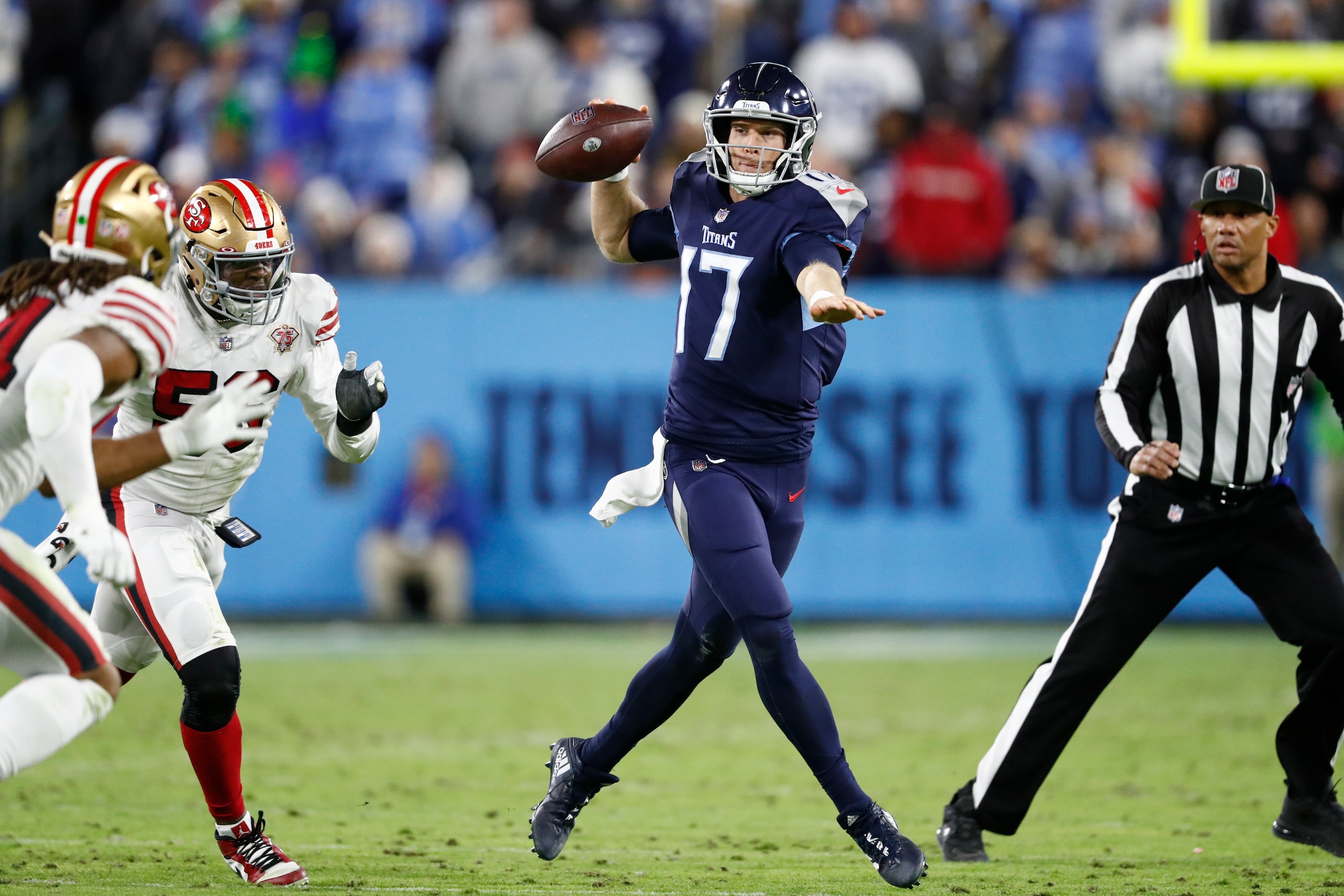 Tennessee Titans quarterback Ryan Tannehill (17) passes against the San Francisco 49ers in the second half of an NFL football game Thursday, Dec. 23, 2021, in Nashville, Tenn. (AP Photo/Wade Payne) Tennessee Titans quarterback Ryan Tannehill (17) passes against the San Francisco 49ers in the second half of an NFL football game Thursday, Dec. 23, 2021, in Nashville, Tenn. (AP Photo/Wade Payne)