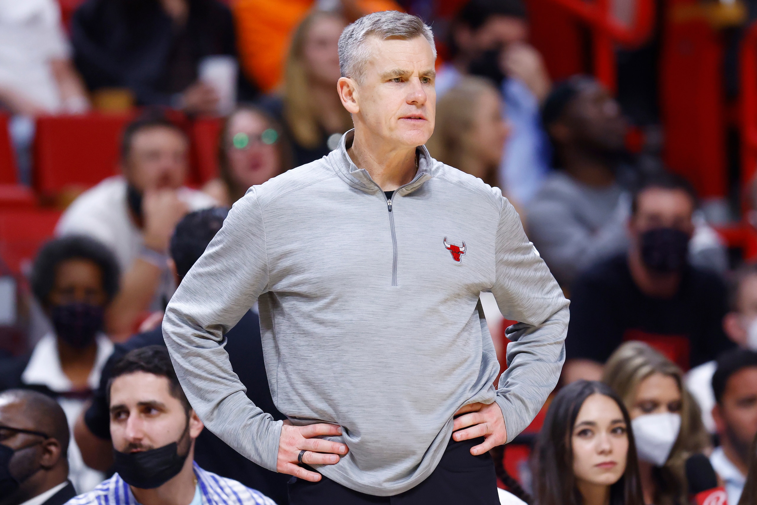 MIAMI, FLORIDA - DECEMBER 11: Head coach Billy Donovan of the Chicago Bulls reacts against the Miami Heat during the second half at FTX Arena on December 11, 2021 in Miami, Florida. NOTE TO USER: User expressly acknowledges and agrees that, by downloading and or using this photograph, User is consenting to the terms and conditions of the Getty Images License Agreement. (Photo by Michael Reaves/Getty Images) MIAMI, FLORIDA - DECEMBER 11: Head coach Billy Donovan of the Chicago Bulls reacts against the Miami Heat during the second half at FTX Arena on December 11, 2021 in Miami, Florida. NOTE TO USER: User expressly acknowledges and agrees that, by downloading and or using this photograph, User is consenting to the terms and conditions of the Getty Images License Agreement. (Photo by Michael Reaves/Getty Images)
