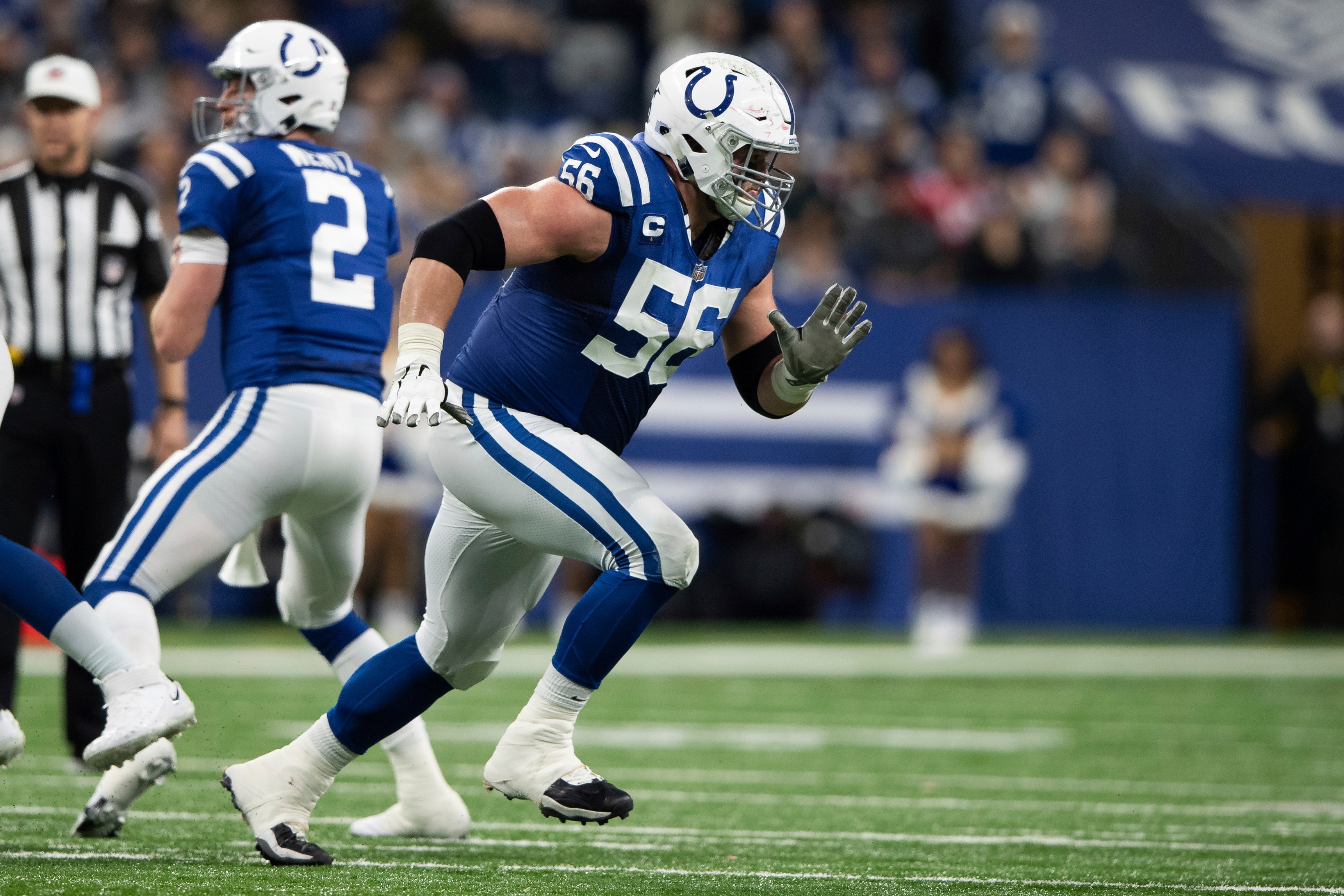 Indianapolis Colts guard Quenton Nelson (56) runs out to block during an NFL football game against the New England Patriots, Saturday, Dec. 18, 2021, in Indianapolis. (AP Photo/Zach Bolinger)