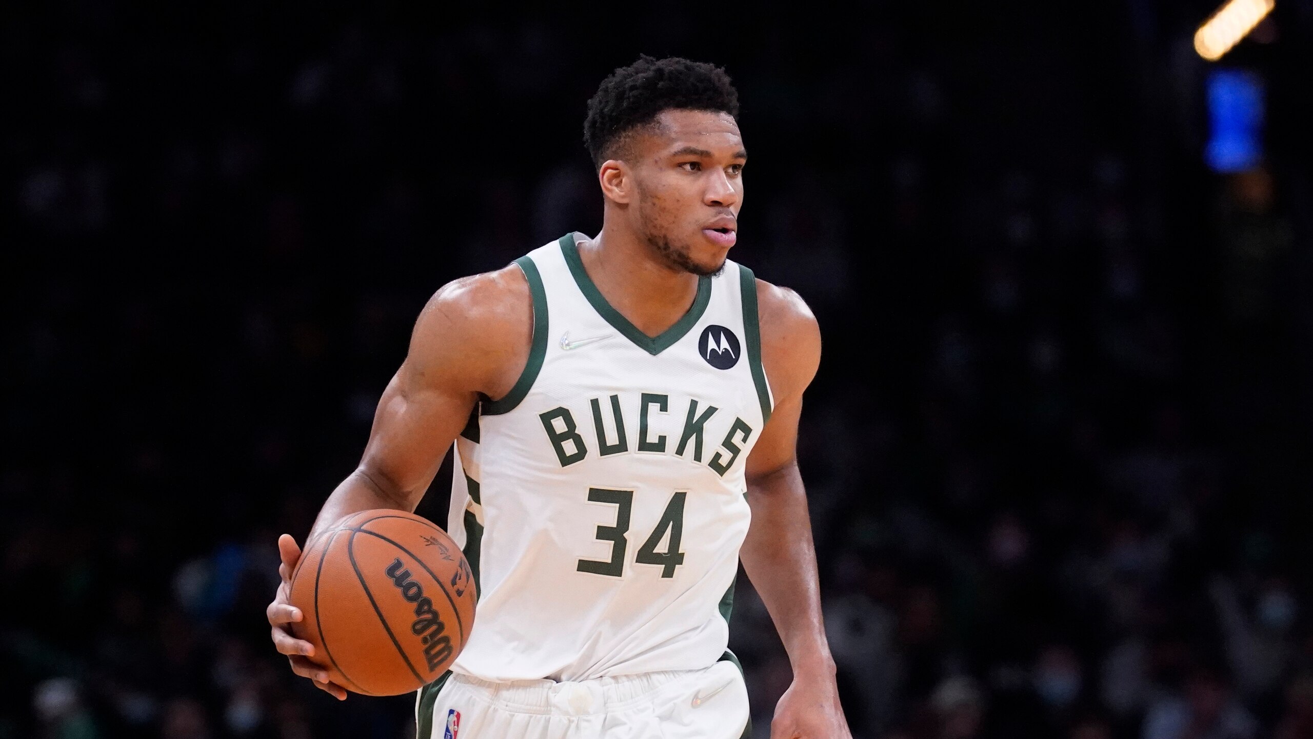 Milwaukee Bucks forward Giannis Antetokounmpo (34) during an NBA basketball game, Monday, Dec. 13, 2021, in Boston. (AP Photo/Charles Krupa)