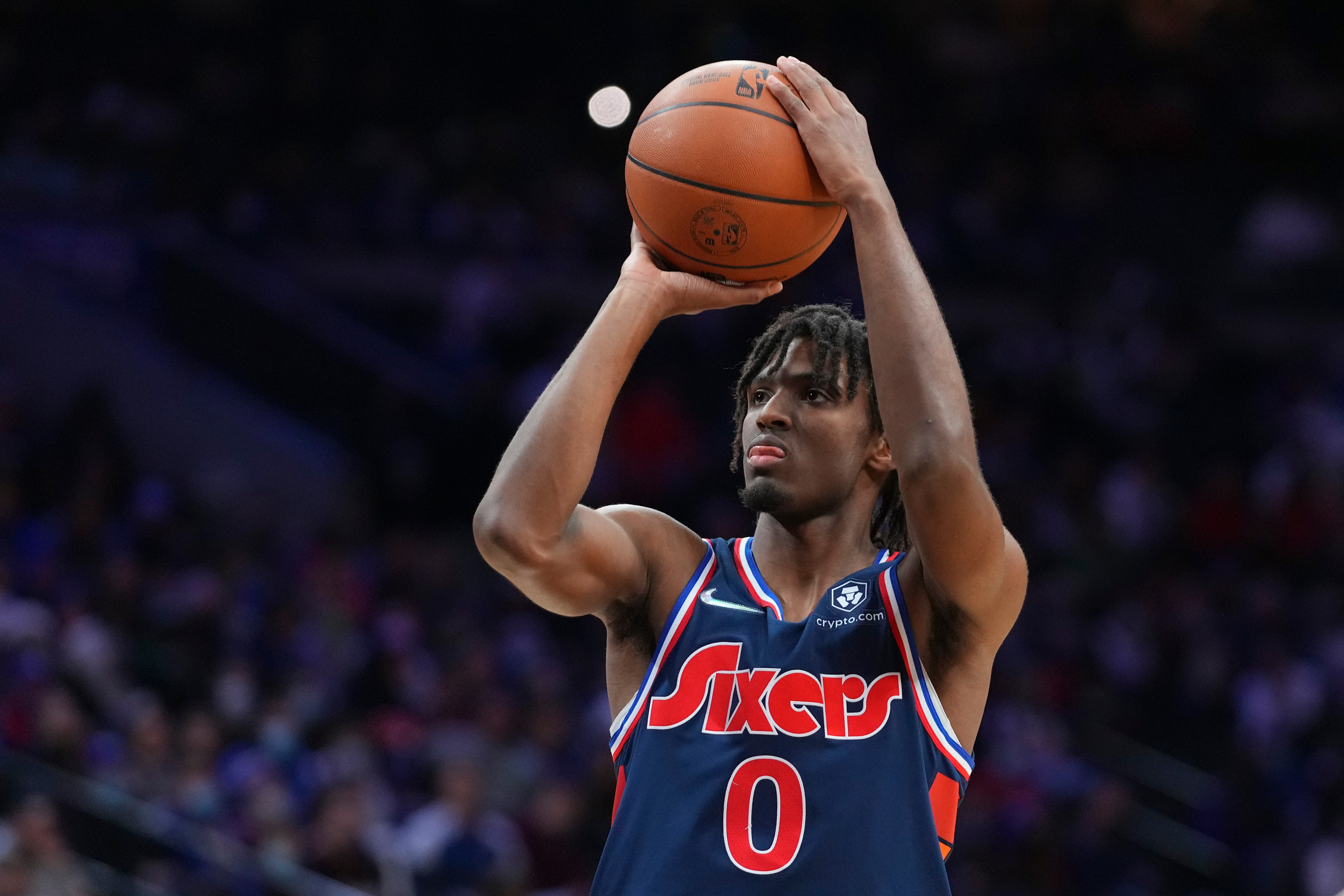 PHILADELPHIA, PA - DECEMBER 23: Tyrese Maxey #0 of the Philadelphia 76ers shoots the ball against the Atlanta Hawks at the Wells Fargo Center on December 23, 2021 in Philadelphia, Pennsylvania. The Hawks defeated the 76ers 98-96. NOTE TO USER: User expressly acknowledges and agrees that, by downloading and or using this photograph, User is consenting to the terms and conditions of the Getty Images License Agreement. (Photo by Mitchell Leff/Getty Images)