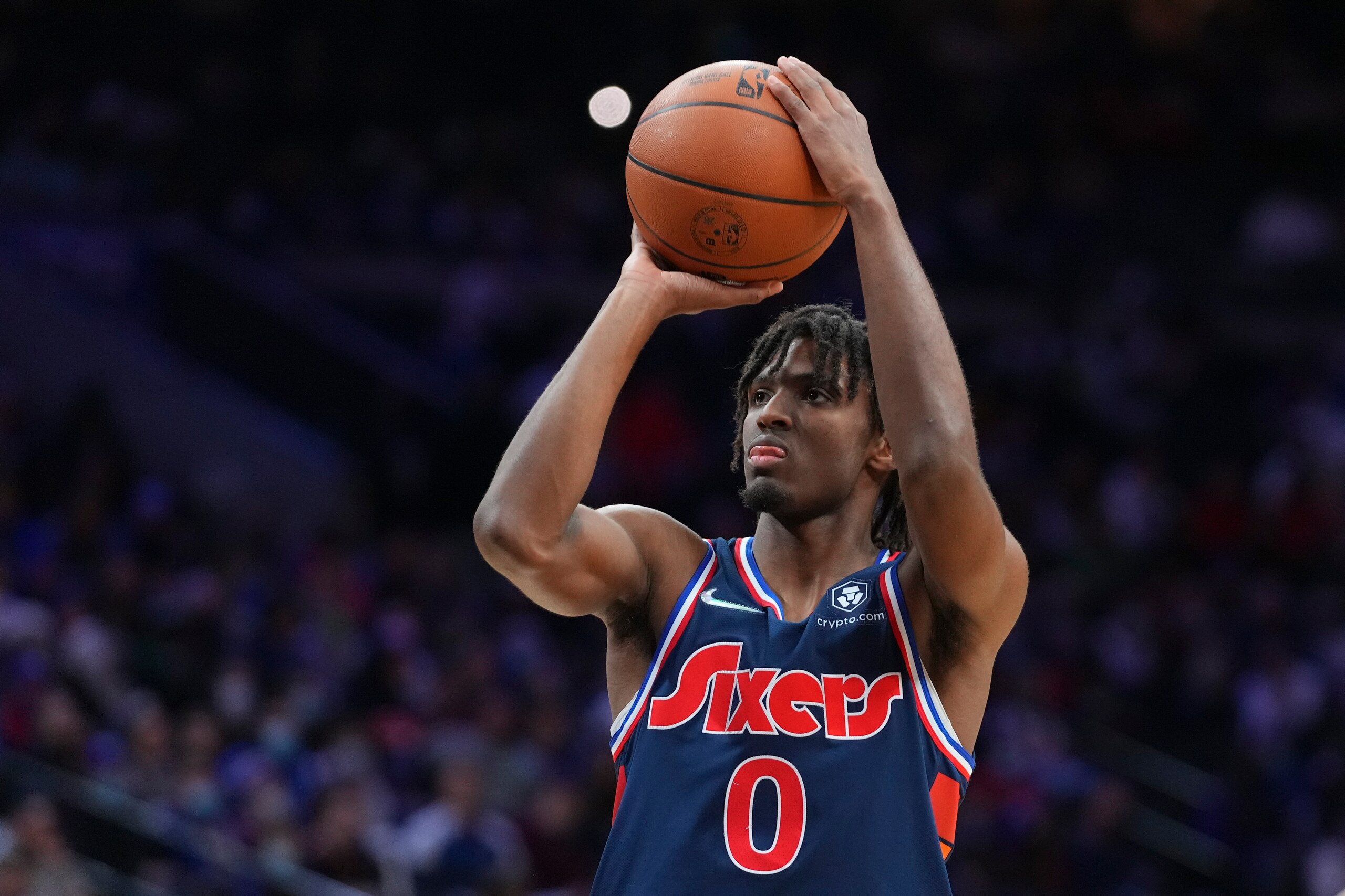 PHILADELPHIA, PA - DECEMBER 23: Tyrese Maxey #0 of the Philadelphia 76ers shoots the ball against the Atlanta Hawks at the Wells Fargo Center on December 23, 2021 in Philadelphia, Pennsylvania. The Hawks defeated the 76ers 98-96. NOTE TO USER: User expressly acknowledges and agrees that, by downloading and or using this photograph, User is consenting to the terms and conditions of the Getty Images License Agreement. (Photo by Mitchell Leff/Getty Images) PHILADELPHIA, PA - DECEMBER 23: Tyrese Maxey #0 of the Philadelphia 76ers shoots the ball against the Atlanta Hawks at the Wells Fargo Center on December 23, 2021 in Philadelphia, Pennsylvania. The Hawks defeated the 76ers 98-96. NOTE TO USER: User expressly acknowledges and agrees that, by downloading and or using this photograph, User is consenting to the terms and conditions of the Getty Images License Agreement. (Photo by Mitchell Leff/Getty Images)