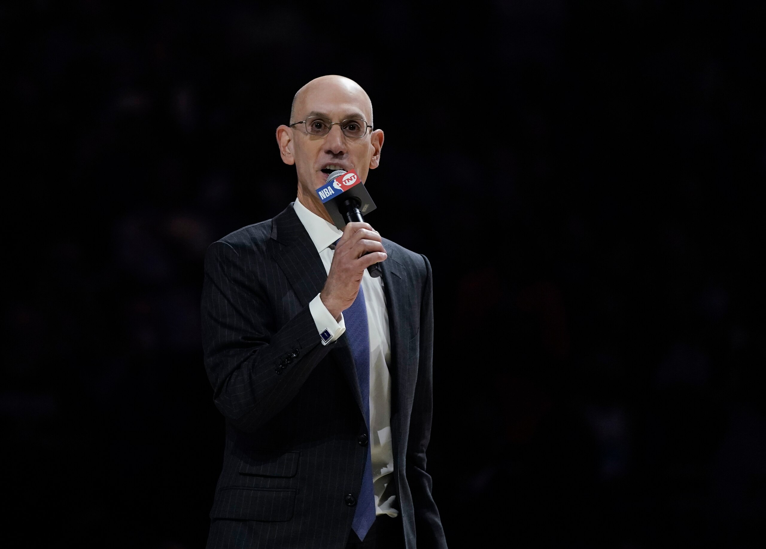 NBA Commissioner Adam Silver speaks during a ring ceremony before an NBA basketball game between the Milwaukee Bucks and the Brooklyn Nets, Tuesday, Oct. 19, 2021, in Milwaukee. (AP Photo/Morry Gash)