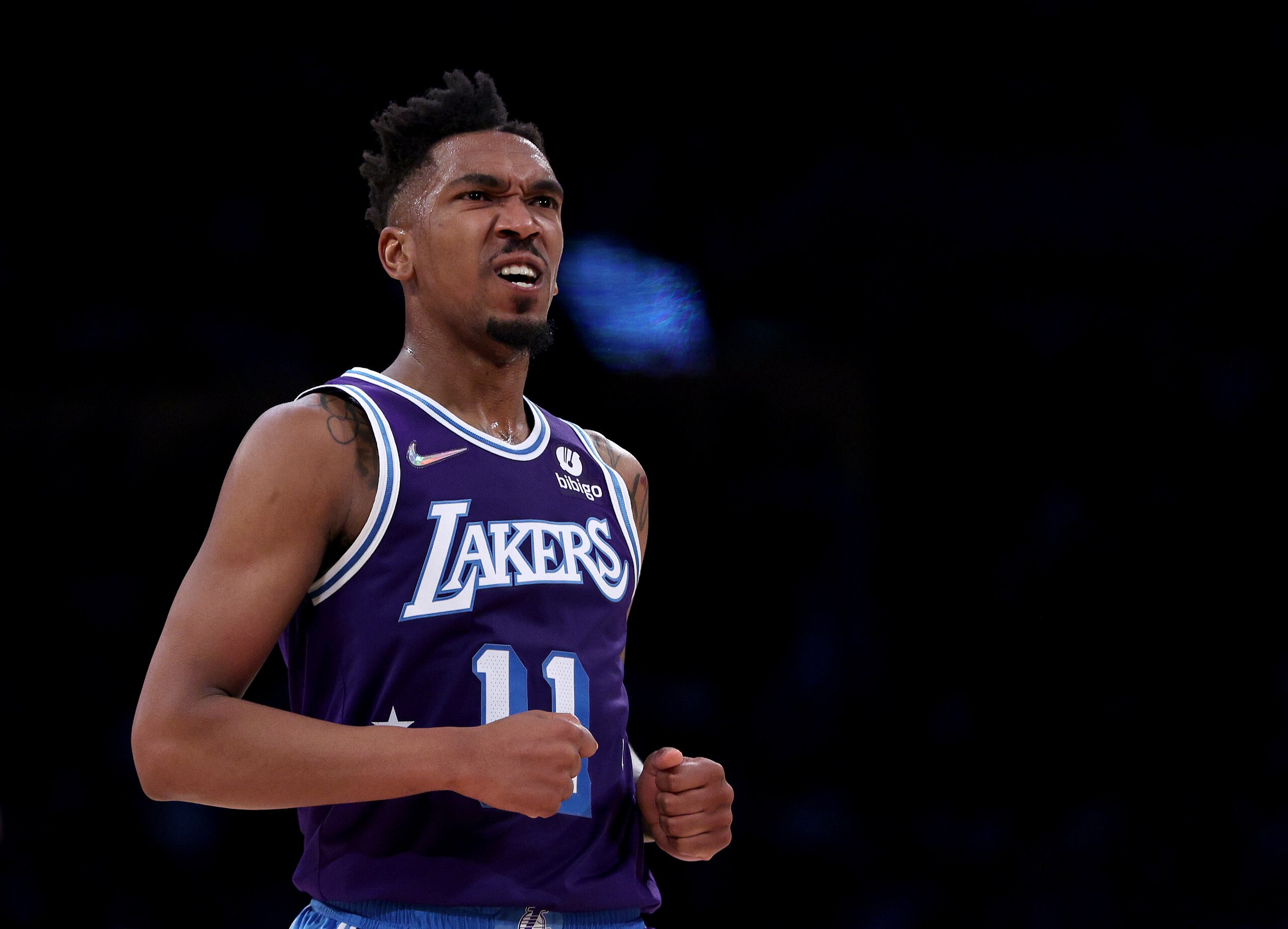 LOS ANGELES, CALIFORNIA - DECEMBER 03: Malik Monk #11 of the Los Angeles Lakers reacts to his missed three pointer during a 119-115 LA Clippers win at Staples Center on December 03, 2021 in Los Angeles, California.  NOTE TO USER: User expressly acknowledges and agrees that, by downloading and/or using this Photograph, user is consenting to the terms and conditions of the Getty Images License Agreement. Mandatory Copyright Notice: Copyright 2021 NBAE (Photo by Harry How/Getty Images)