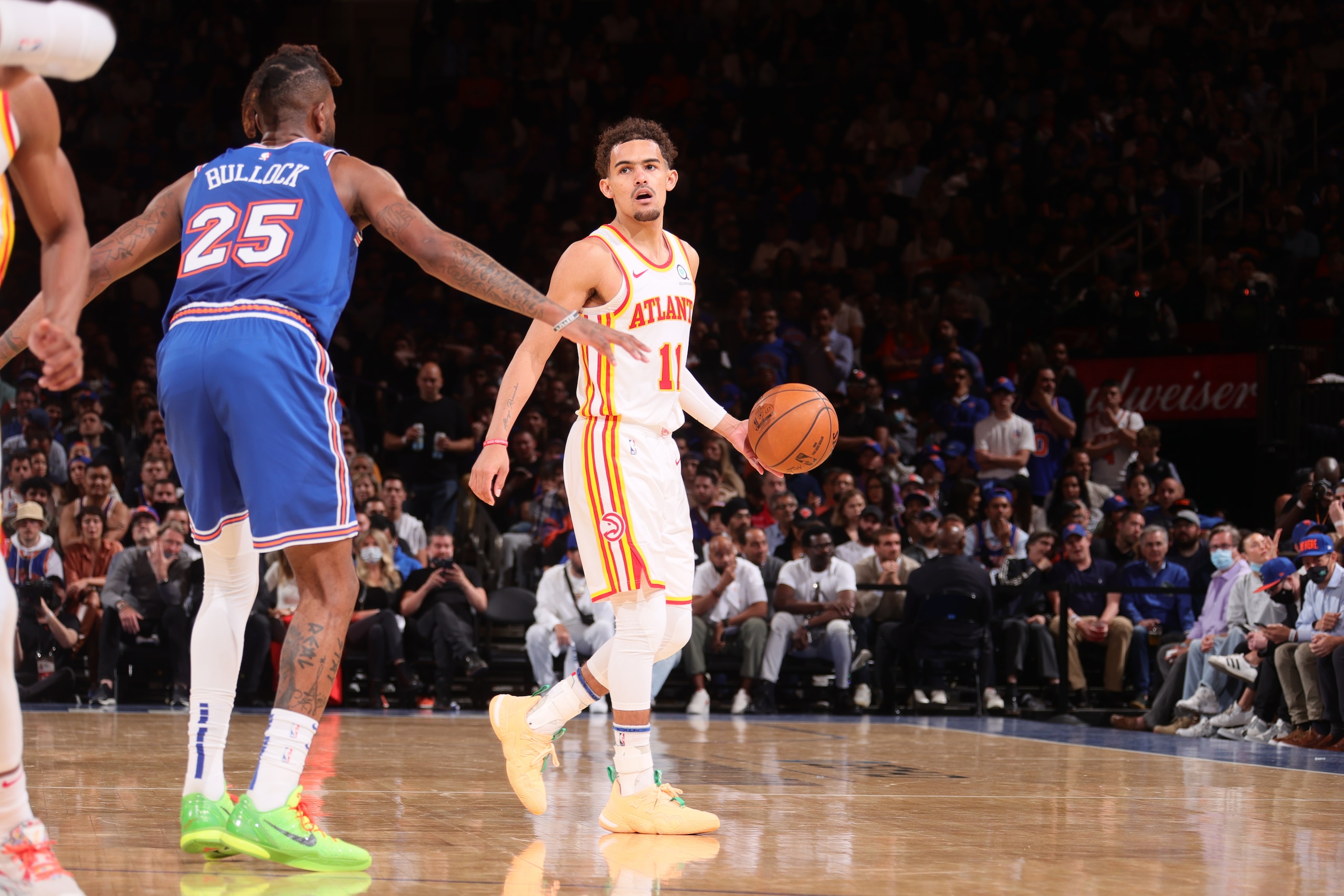 NEW YORK, NY - JUNE 2: Trae Young #11 of the Atlanta Hawks handles the ball against the New York Knicks during Round 1, Game 5 of the 2021 NBA Playoffs on June 2, 2021 at Madison Square Garden in New York City, New York. NOTE TO USER: User expressly acknowledges and agrees that, by downloading and or using this photograph, User is consenting to the terms and conditions of the Getty Images License Agreement. Mandatory Copyright Notice: Copyright 2021 NBAE (Photo by Nathaniel S. Butler/NBAE via Getty Images) NEW YORK, NY - JUNE 2: Trae Young #11 of the Atlanta Hawks handles the ball against the New York Knicks during Round 1, Game 5 of the 2021 NBA Playoffs on June 2, 2021 at Madison Square Garden in New York City, New York. NOTE TO USER: User expressly acknowledges and agrees that, by downloading and or using this photograph, User is consenting to the terms and conditions of the Getty Images License Agreement. Mandatory Copyright Notice: Copyright 2021 NBAE (Photo by Nathaniel S. Butler/NBAE via Getty Images)