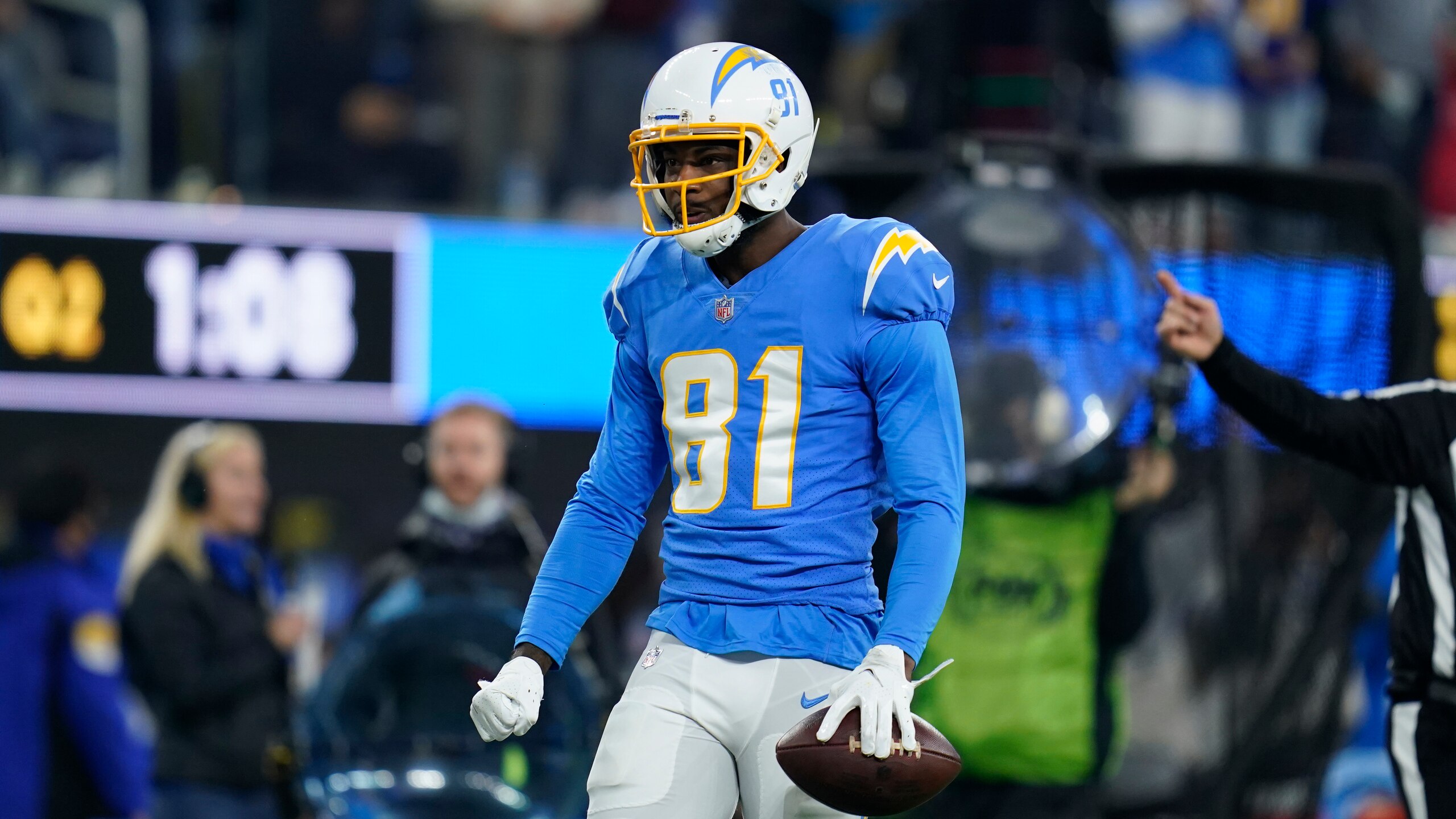 Los Angeles Chargers wide receiver Mike Williams (81) celebrates during an NFL football game against the Kansas City Chiefs Friday, Dec. 17, 2021, in Inglewood, Calif. (AP Photo/Ashley Landis) Los Angeles Chargers wide receiver Mike Williams (81) celebrates during an NFL football game against the Kansas City Chiefs Friday, Dec. 17, 2021, in Inglewood, Calif. (AP Photo/Ashley Landis)