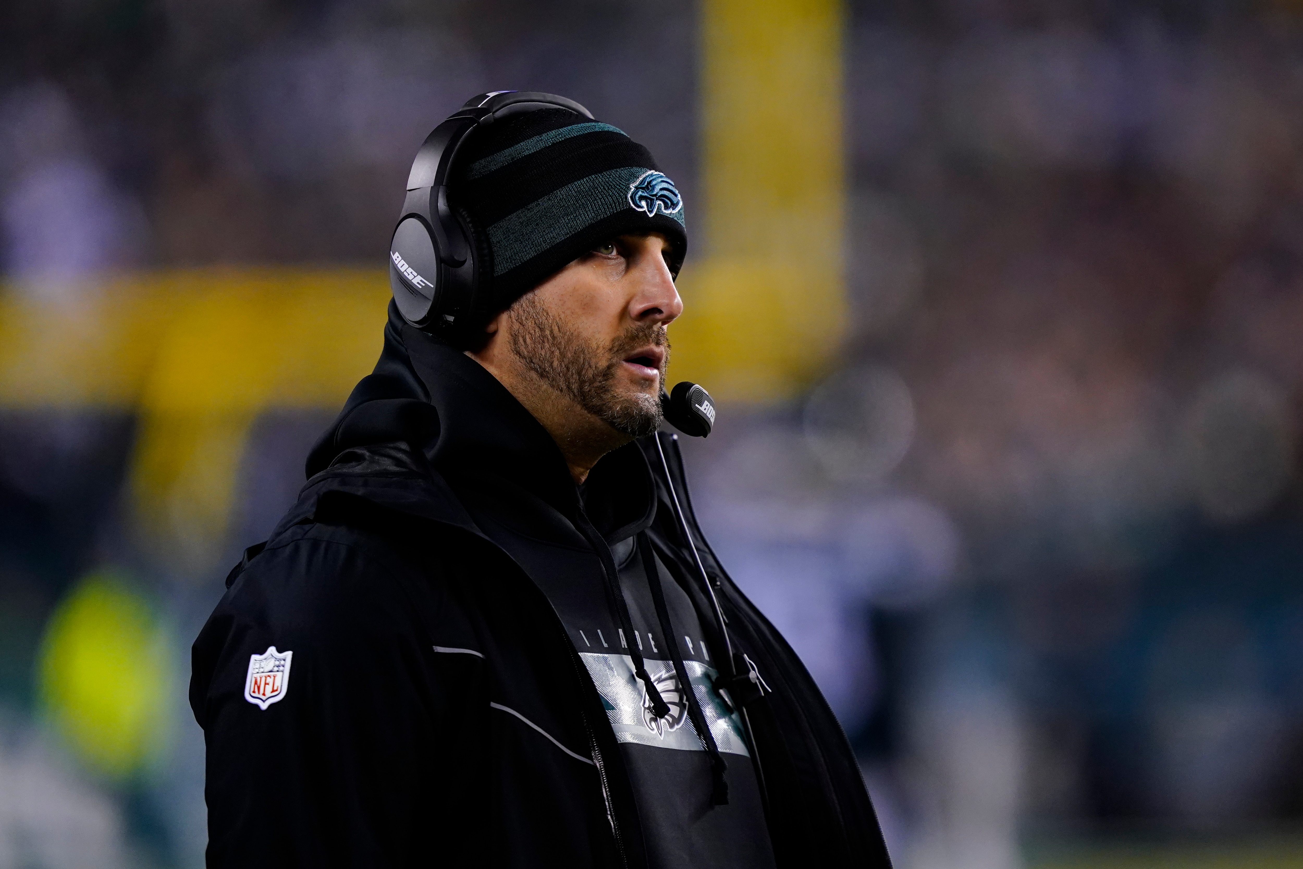Philadelphia Eagles' Nick Sirianni coaches during an NFL football game, Tuesday, Dec. 21, 2021, in Philadelphia. (AP Photo/Matt Slocum)