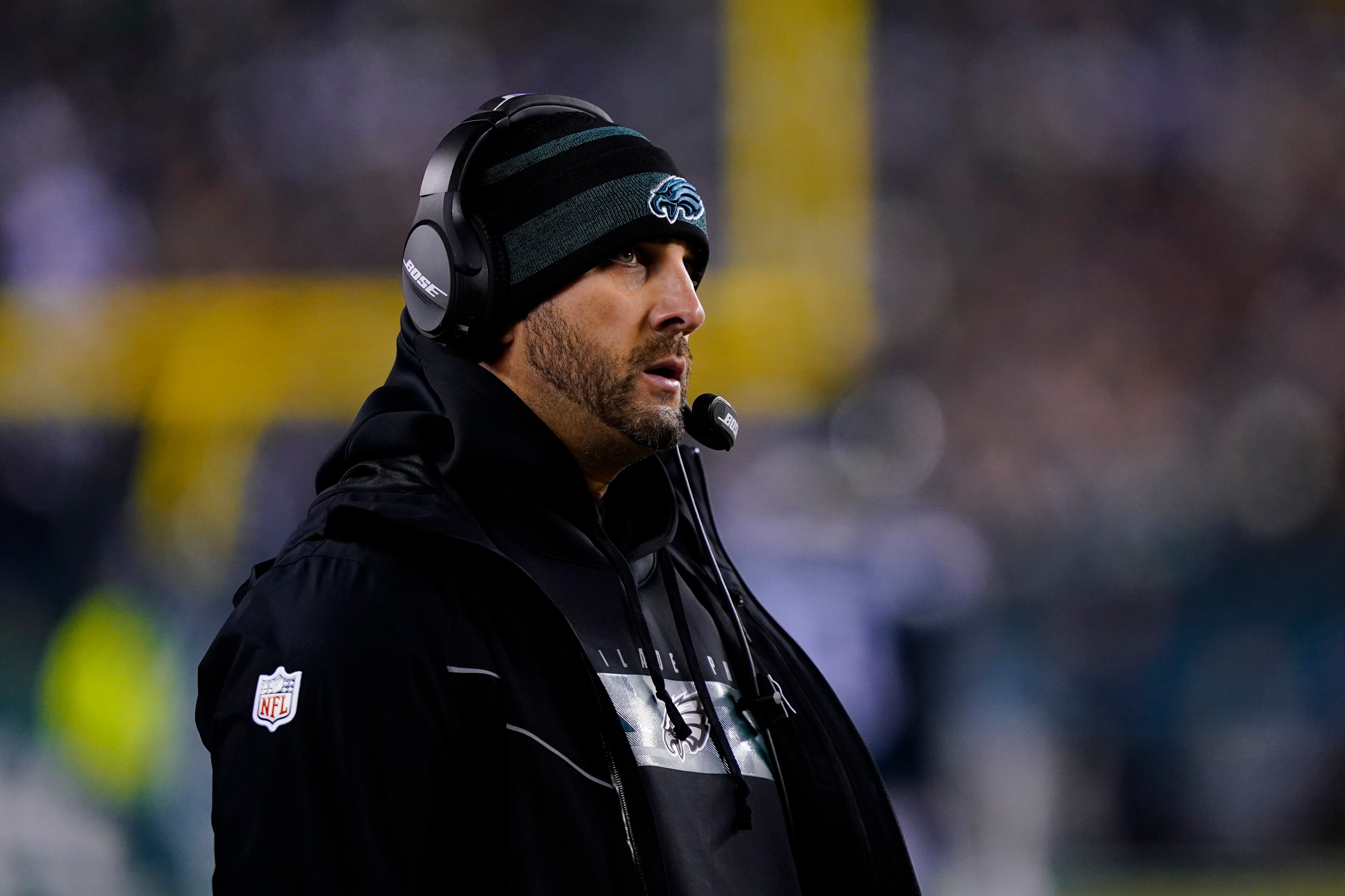 Philadelphia Eagles' Nick Sirianni coaches during an NFL football game, Tuesday, Dec. 21, 2021, in Philadelphia. (AP Photo/Matt Slocum)
