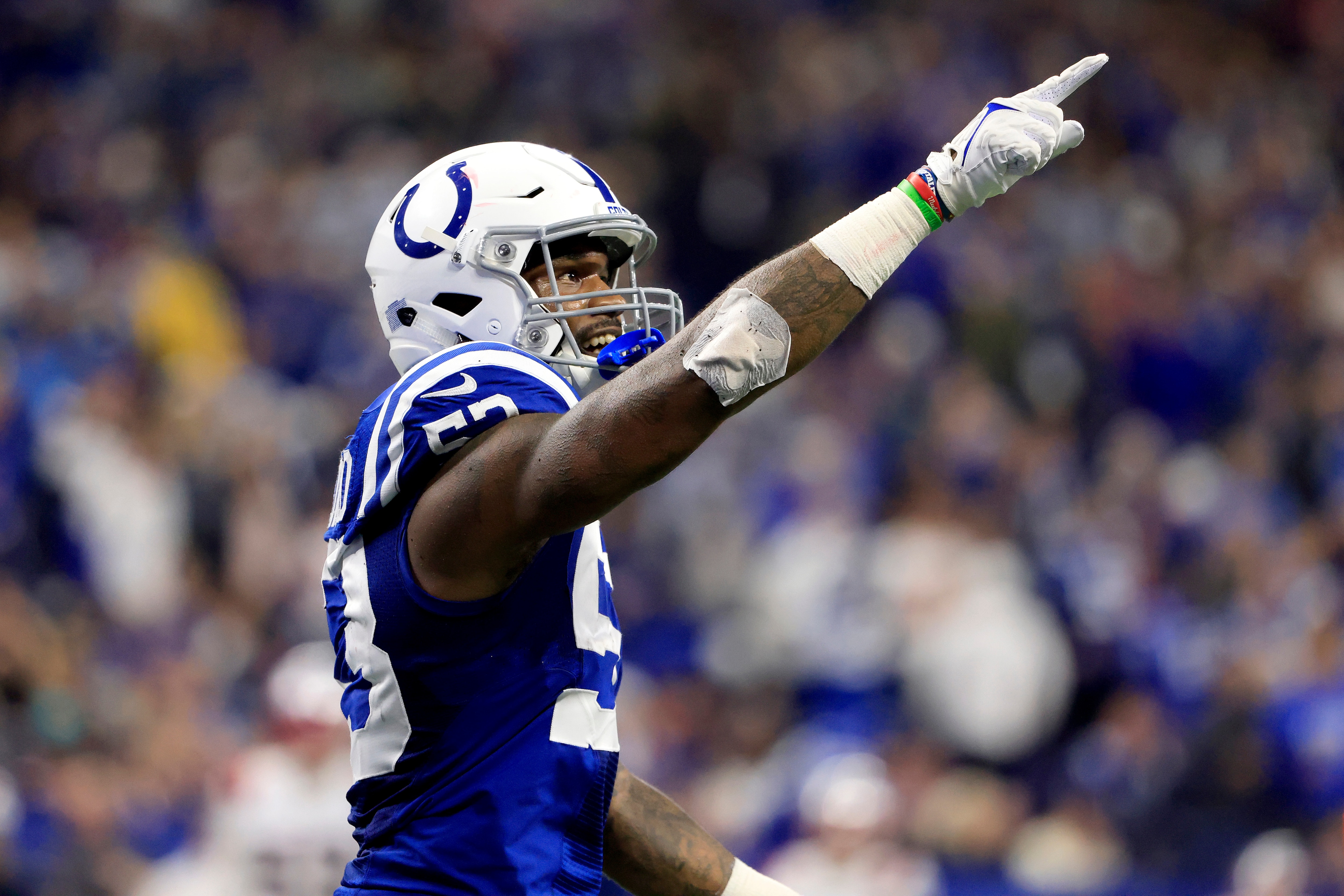 INDIANAPOLIS, INDIANA - DECEMBER 18: Darius Leonard #53 of the Indianapolis Colts reacts after an interception during the second quarter against the New England Patriots at Lucas Oil Stadium on December 18, 2021 in Indianapolis, Indiana. (Photo by Justin Casterline/Getty Images)
