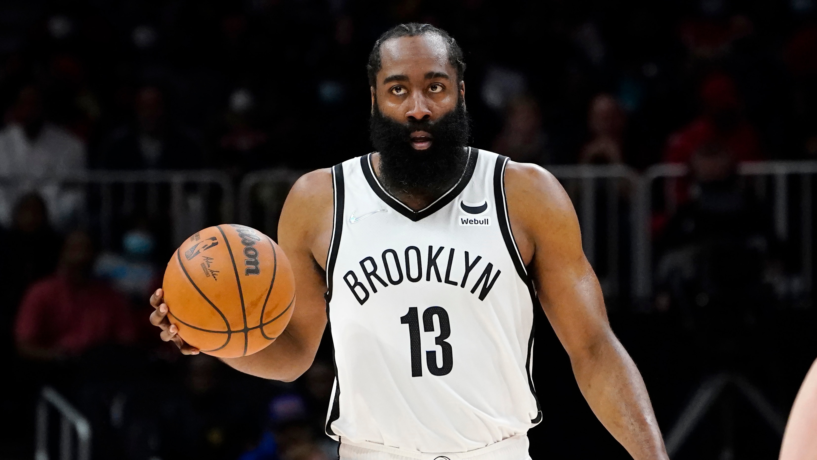 Brooklyn Nets guard James Harden (13) is shown against the Atlanta Hawks during the second half of an NBA basketball game Friday, Dec. 10, 2021, in Atlanta. (AP Photo/John Bazemore)