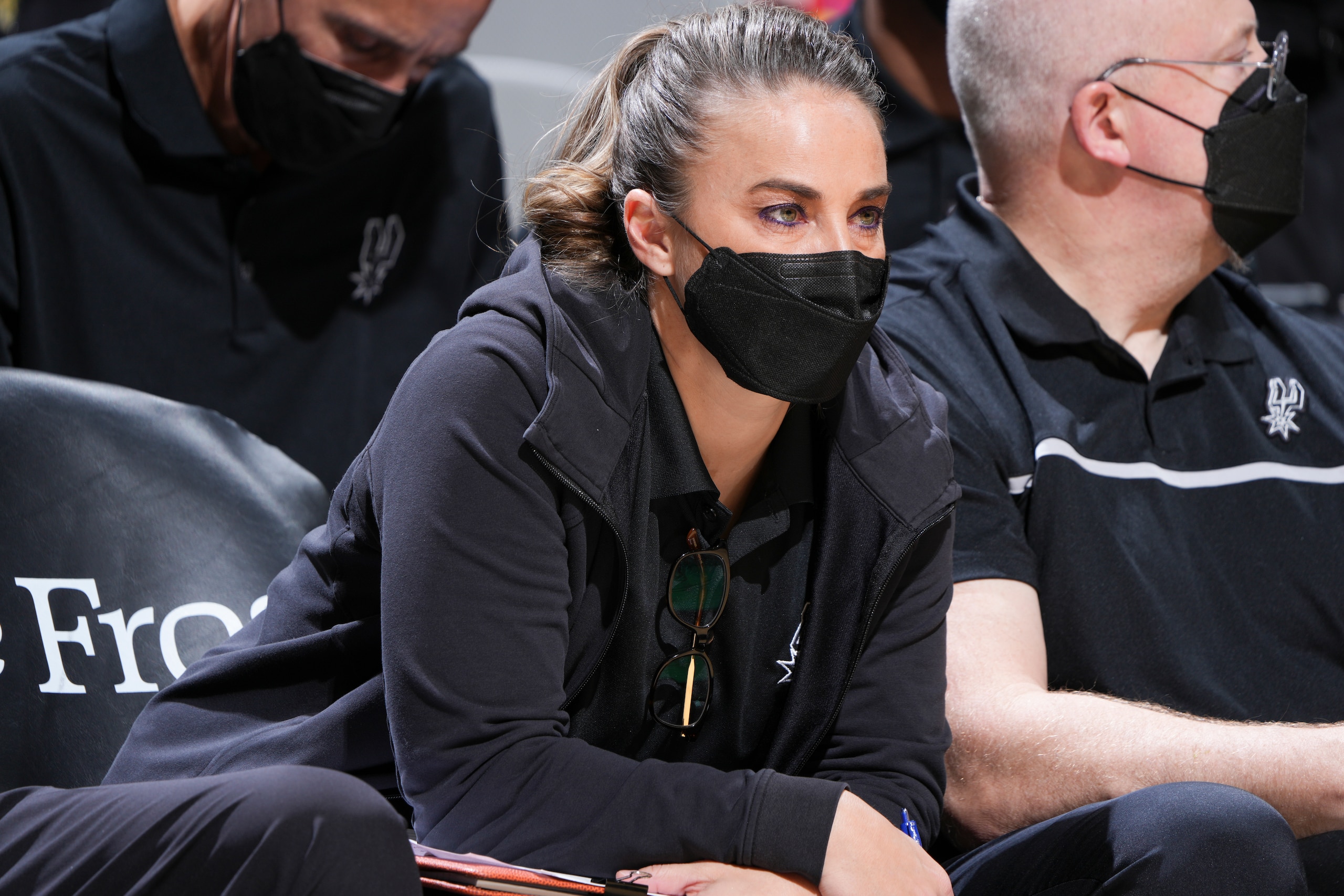 SAN ANTONIO, TX - DECEMBER 11: Assistant Coach Becky Hammon of the San Antonio Spurs looks on during the game against the Denver Nuggets on December 11, 2021 at the AT&T Center in San Antonio, Texas. NOTE TO USER: User expressly acknowledges and agrees that, by downloading and or using this photograph, user is consenting to the terms and conditions of the Getty Images License Agreement. Mandatory Copyright Notice: Copyright 2021 NBAE (Photos by Garrett Ellwood/NBAE via Getty Images)