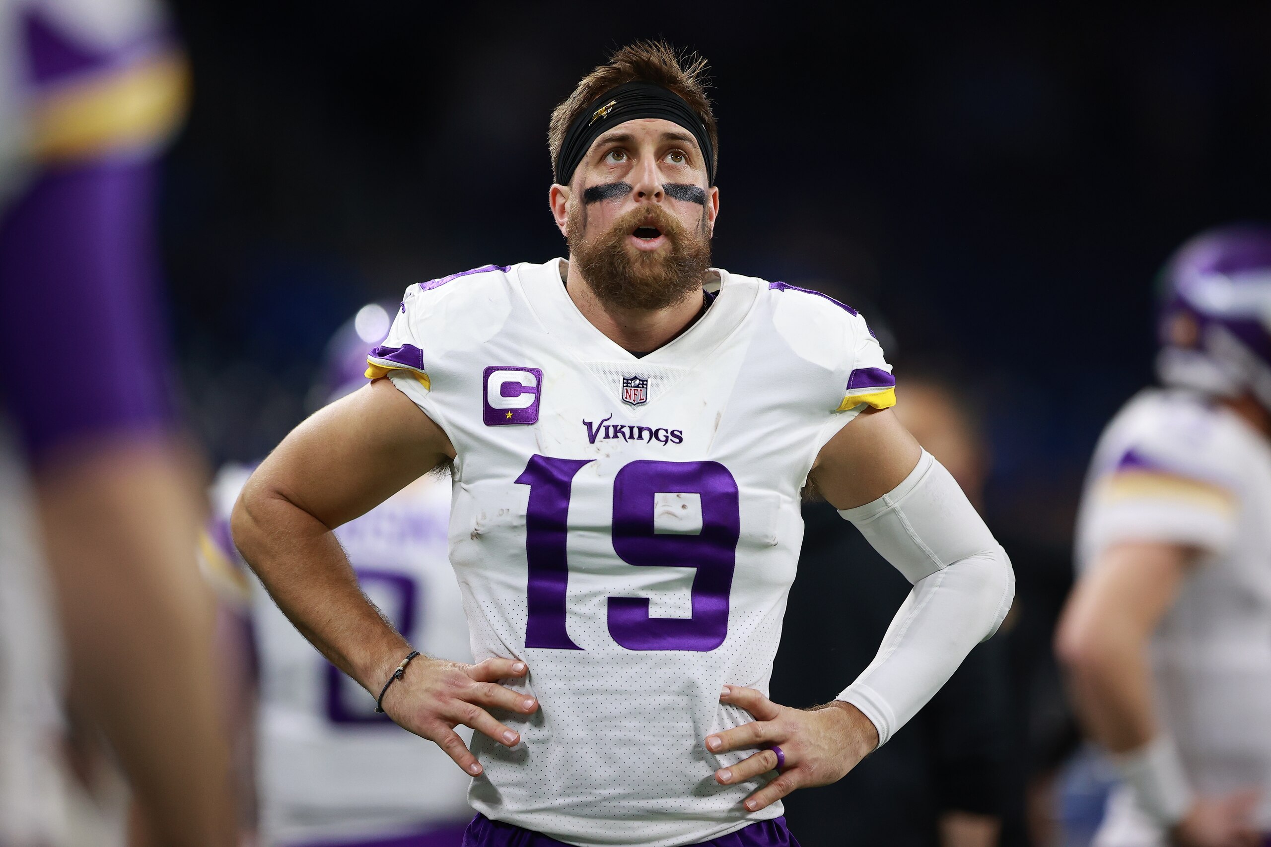 DETROIT, MICHIGAN - DECEMBER 05: Adam Thielen #19 of the Minnesota Vikings looks on from the sidelines in the first half against the Detroit Lions at Ford Field on December 05, 2021 in Detroit, Michigan. (Photo by Rey Del Rio/Getty Images)