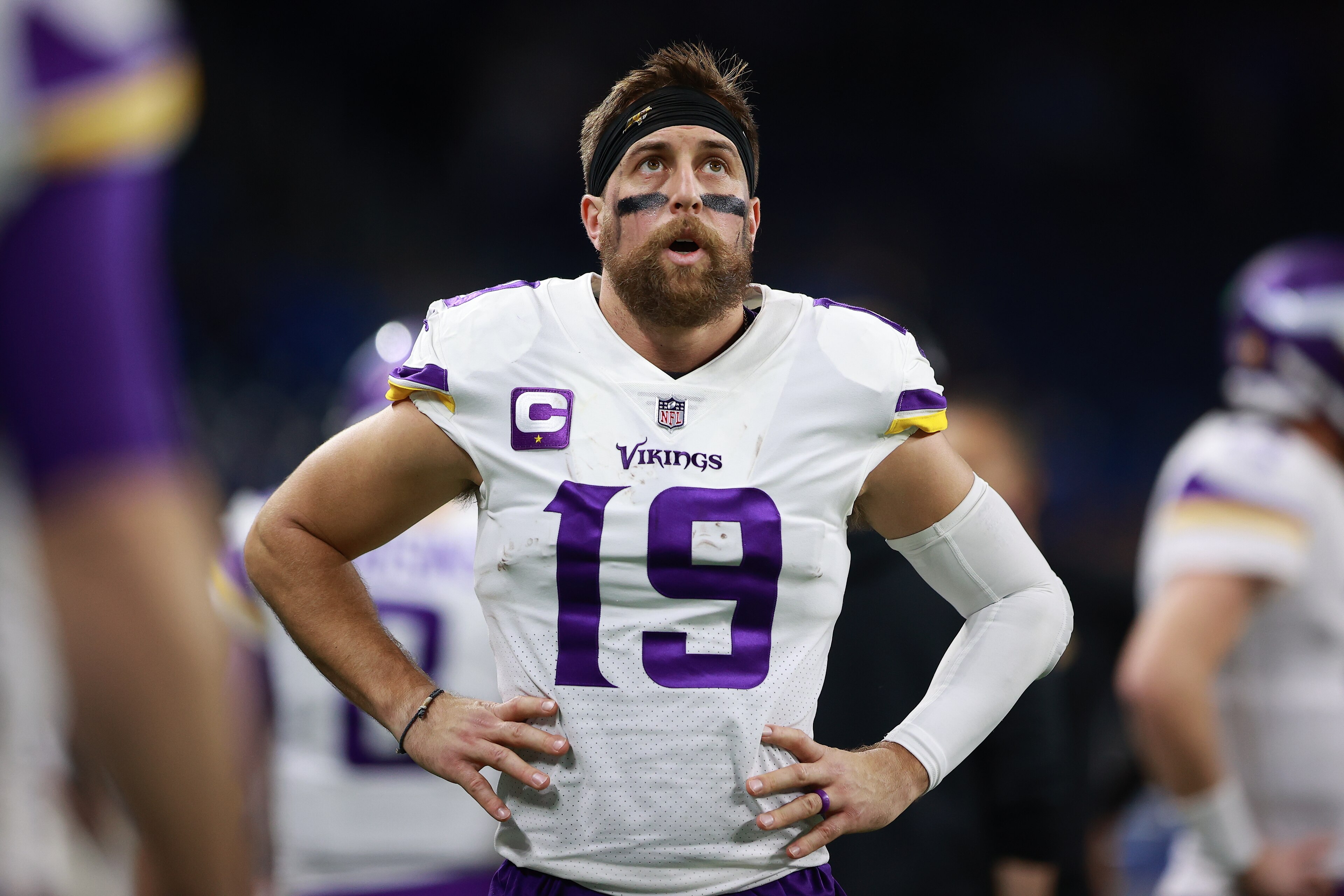 DETROIT, MICHIGAN - DECEMBER 05: Adam Thielen #19 of the Minnesota Vikings looks on from the sidelines in the first half against the Detroit Lions at Ford Field on December 05, 2021 in Detroit, Michigan. (Photo by Rey Del Rio/Getty Images)