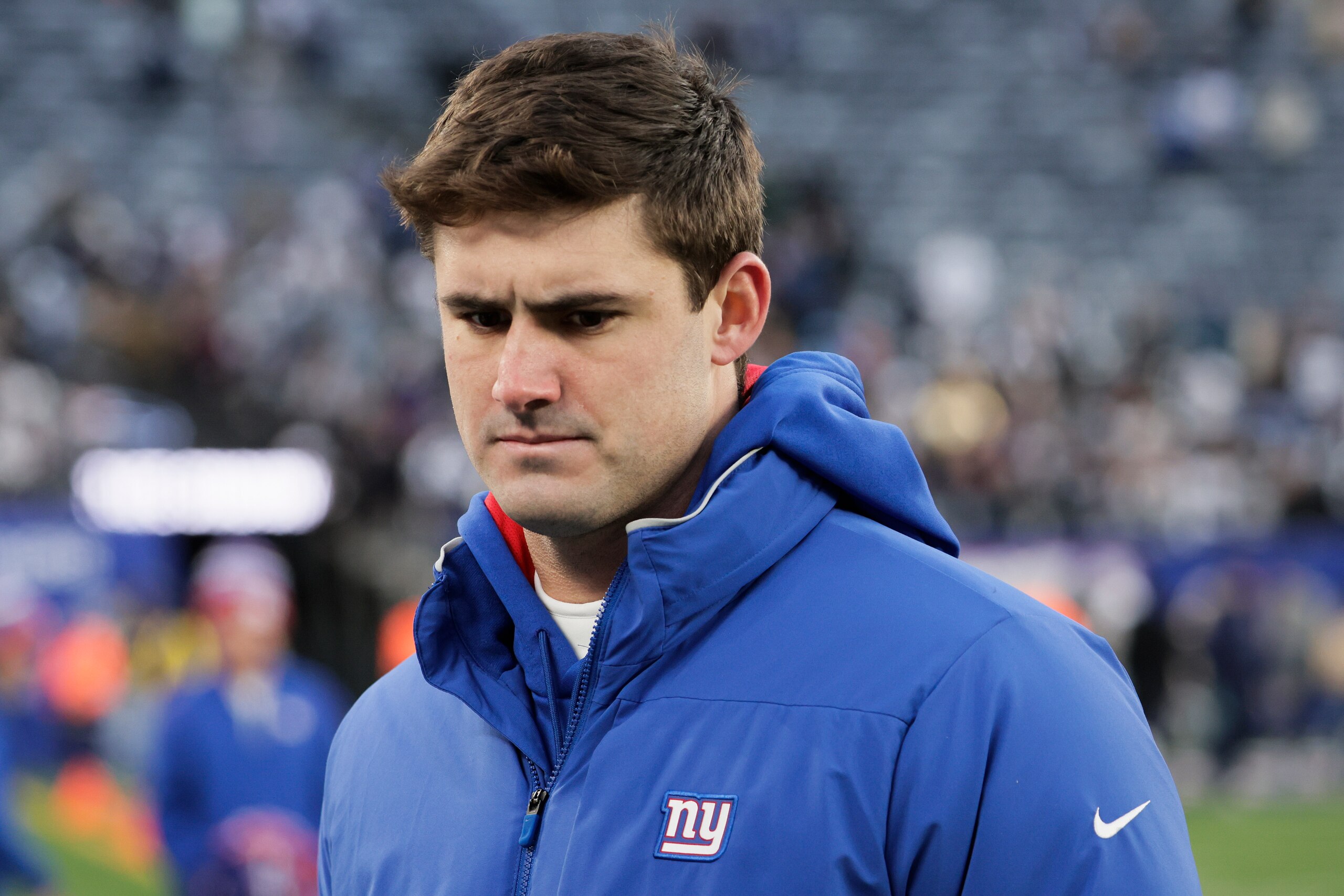 New York Giants quarterback Daniel Jones walks off the field after the Giants lost to the Dallas Cowboys 21-6 in an NFL football game, Sunday, Dec. 19, 2021, in East Rutherford, N.J. (AP Photo/Corey Sipkin)