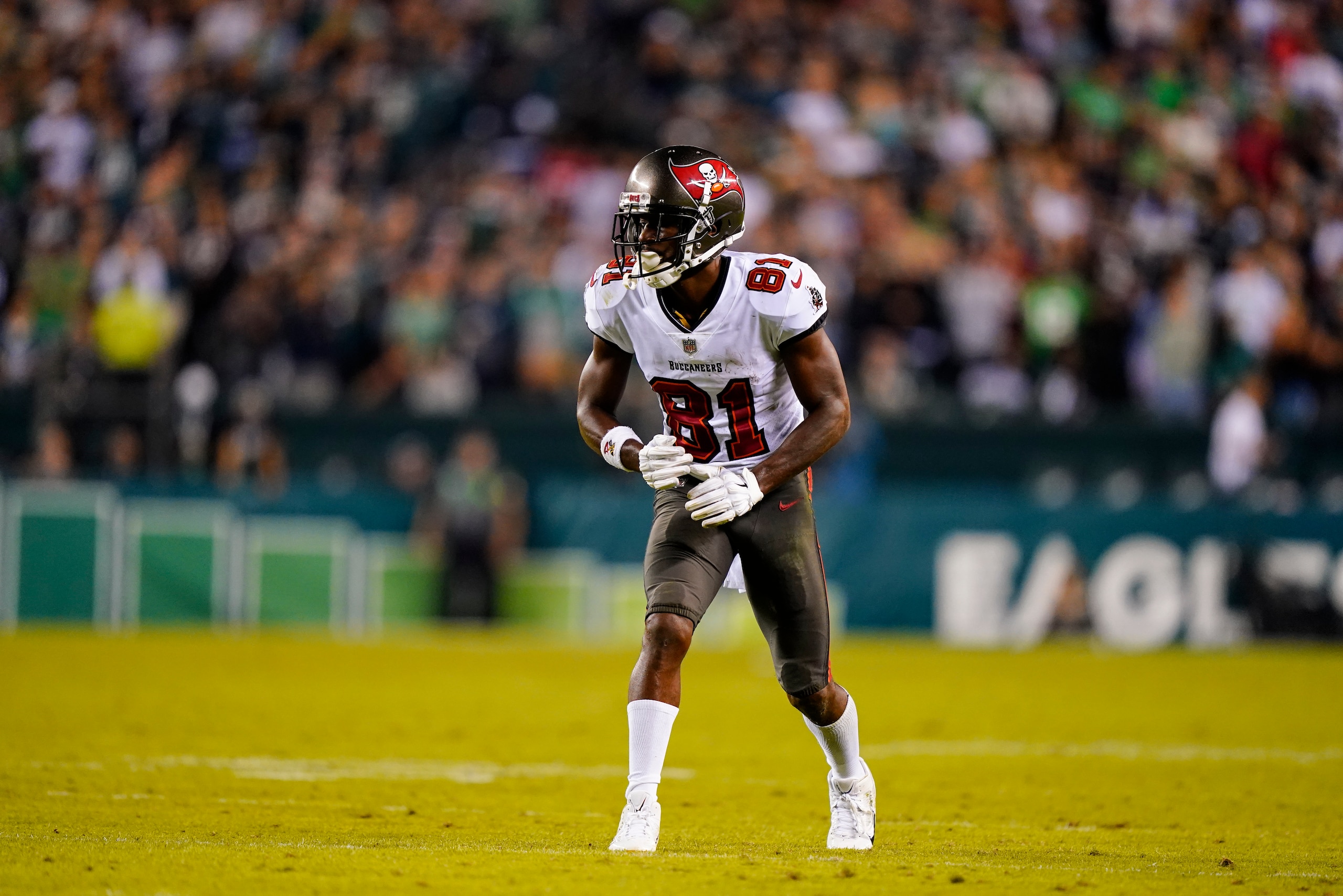 Tampa Bay Buccaneers wide receiver Antonio Brown in action during an NFL football game against the Philadelphia Eagles on Thursday, Oct. 14, 2021, in Philadelphia. (AP Photo/Matt Rourke)