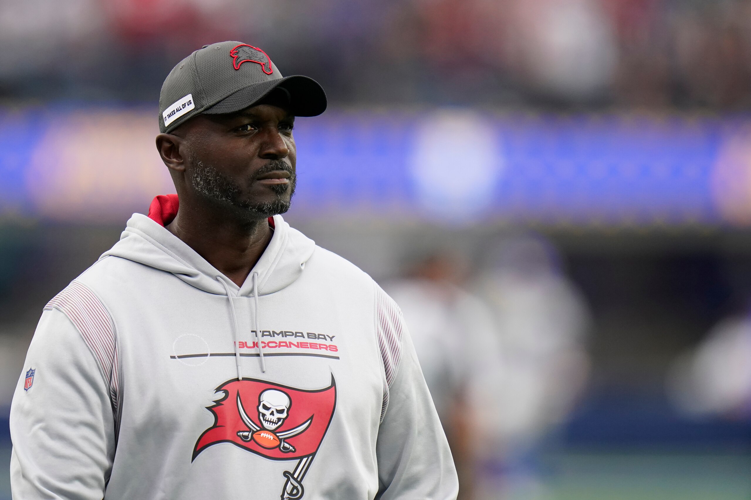 Tampa Bay Buccaneers defensive coordinator Todd Bowles walks on the field before an NFL football game against the Los Angeles Rams Sunday, Sept. 26, 2021, in Inglewood, Calif. (AP Photo/Jae C. Hong)
