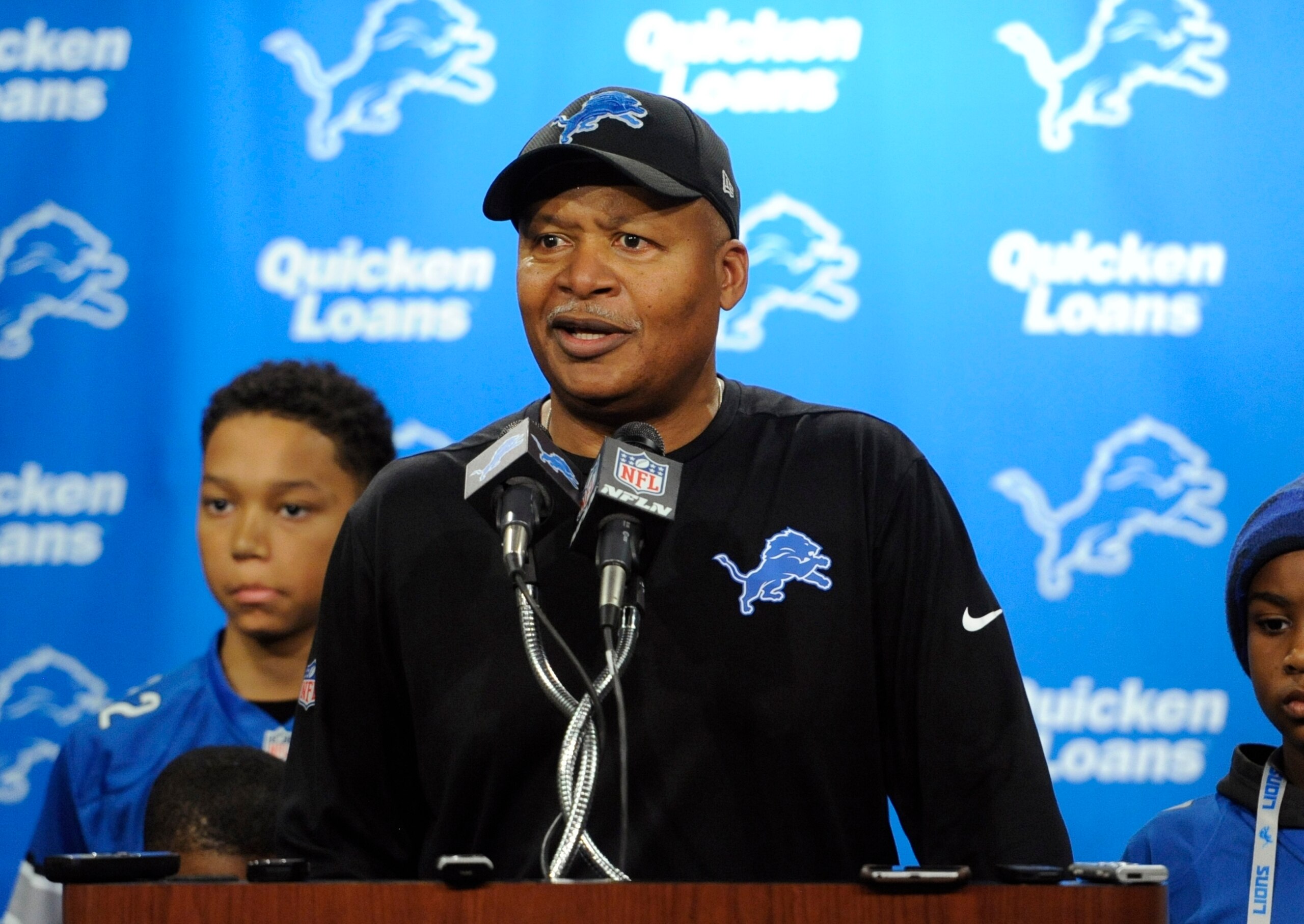 Detroit Lions head coach Jim Caldwell addresses the media after an NFL football game against the Green Bay Packers, Sunday, Dec. 31, 2017, in Detroit. (AP Photo/Jose Juarez)