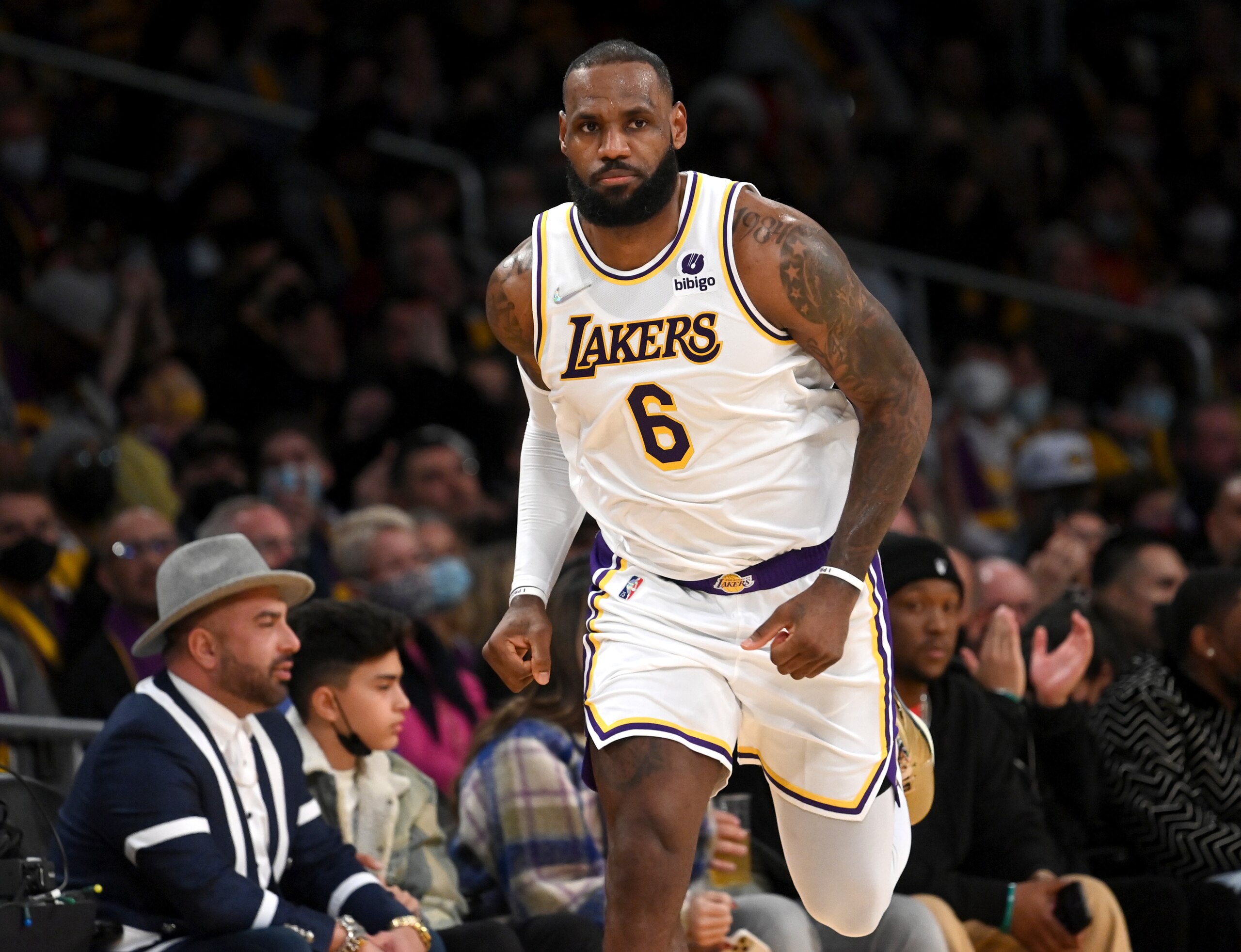 LOS ANGELES, CA - DECEMBER 25:  LeBron James #6 of the Los Angeles Lakers heads down court after a 3-point basket during the game against the Brooklyn Nets at Crypto.com Arena on December 25, 2021 in Los Angeles, California. NOTE TO USER: User expressly acknowledges and agrees that, by downloading and/or using this Photograph, user is consenting to the terms and conditions of the Getty Images License Agreement.   (Photo by Jayne Kamin-Oncea/Getty Images)