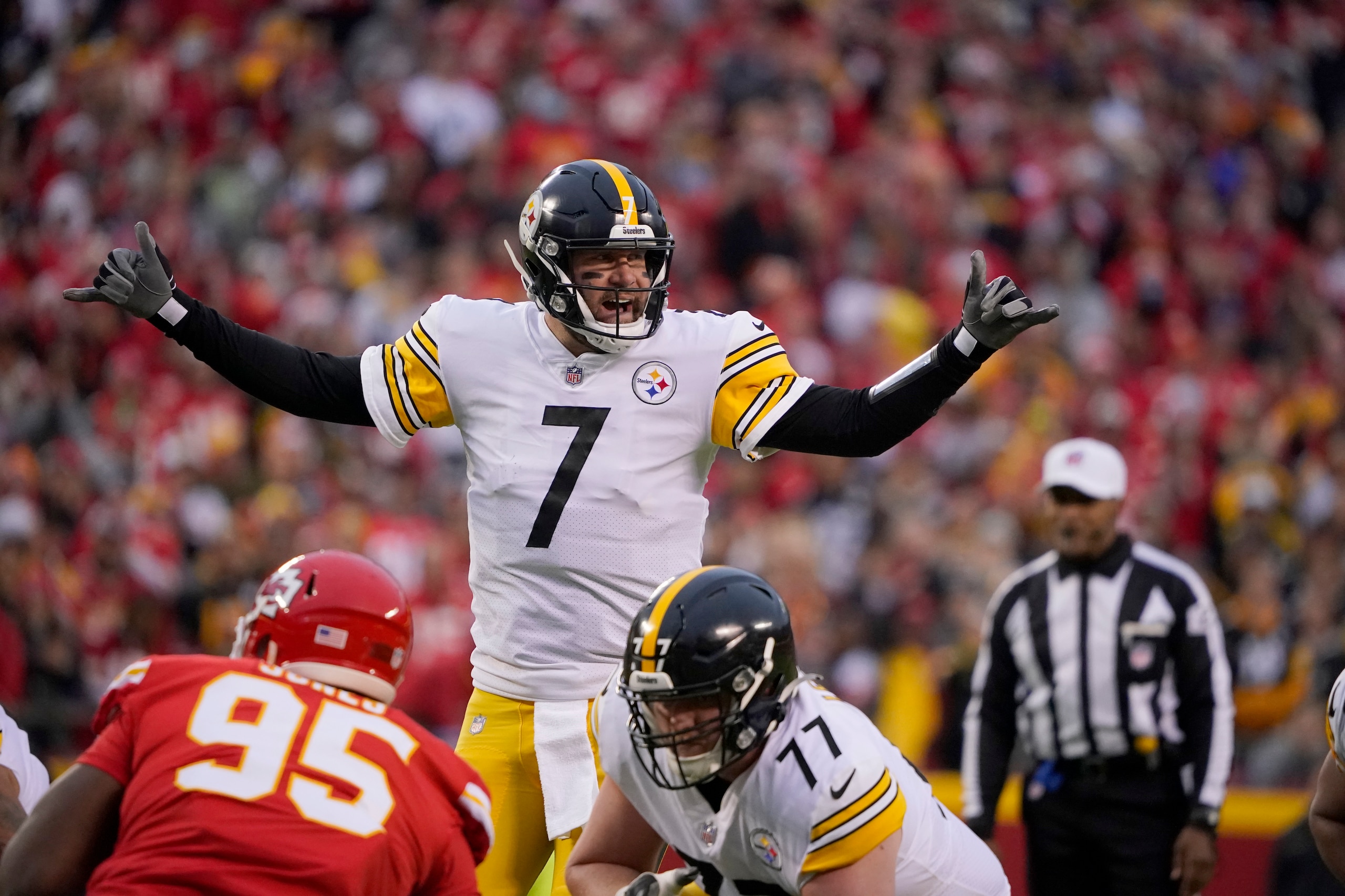 Pittsburgh Steelers quarterback Ben Roethlisberger yells during the first half of an NFL football game against the Kansas City Chiefs Sunday, Dec. 26, 2021, in Kansas City, Mo. (AP Photo/Ed Zurga)
