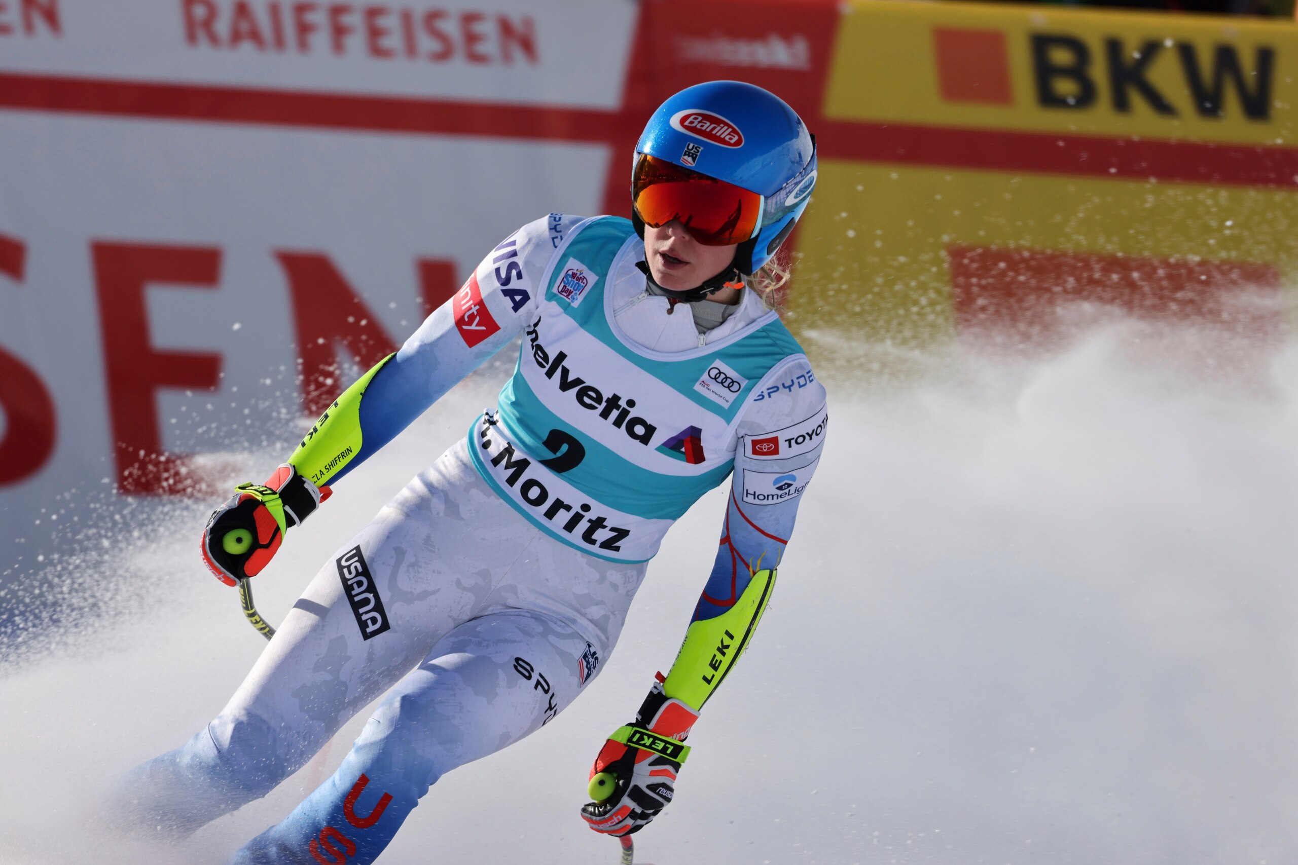 United States' Mikaela Shiffrin arrives in the finish area of an alpine ski, women's World Cup super-G in St. Moritz, Switzerland, Sunday, Dec. 12, 2021. (AP Photo/Marco Trovati)
