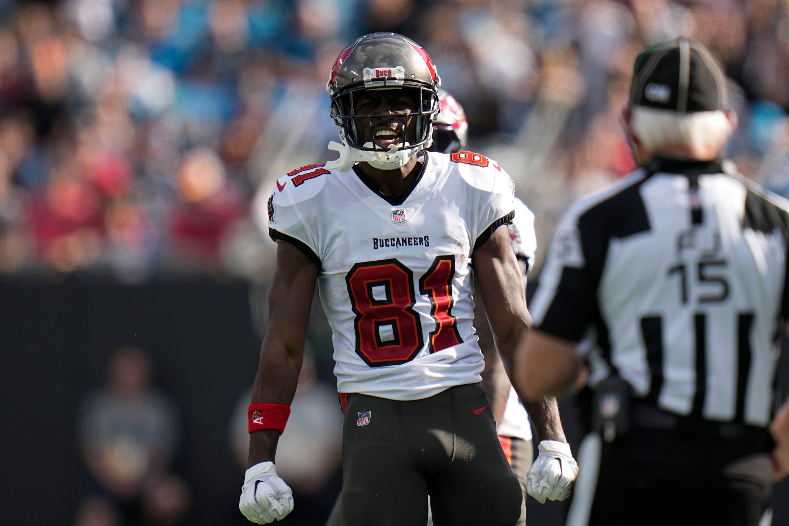 Tampa Bay Buccaneers wide receiver Antonio Brown celebrates during the first half of an NFL football game against the Carolina Panthers Sunday, Dec. 26, 2021, in Charlotte, N.C. (AP Photo/Rusty Jones)