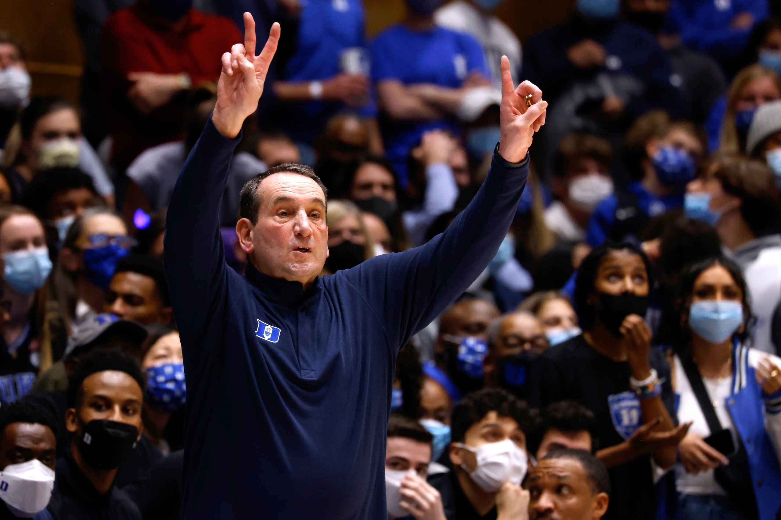 DURHAM, NC - DECEMBER 22: Head coach Mike Krzyzewski of the Duke Blue Devils directs his team against the Virginia Tech Hokies in the second half at Cameron Indoor Stadium on December 22, 2021 in Durham, North Carolina. (Photo by Lance King/Getty Images)