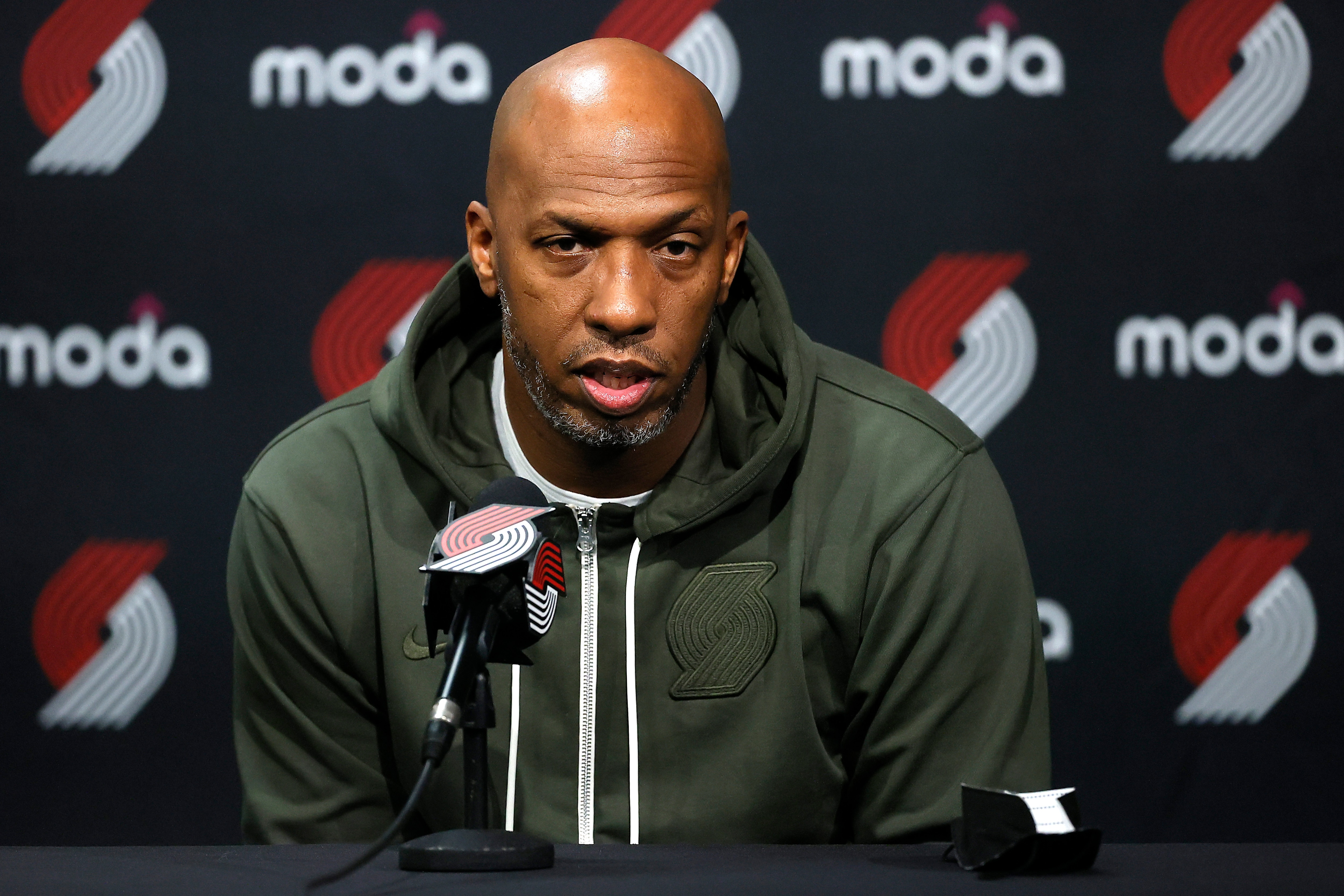 PORTLAND, OREGON - DECEMBER 17: Head Coach Chauncey Billups of the Portland Trail Blazers speaks to members of the media prior to a game against the Charlotte Hornets at Moda Center on December 17, 2021 in Portland, Oregon. NOTE TO USER: User expressly acknowledges and agrees that, by downloading and or using this photograph, User is consenting to the terms and conditions of the Getty Images License Agreement. (Photo by Soobum Im/Getty Images)