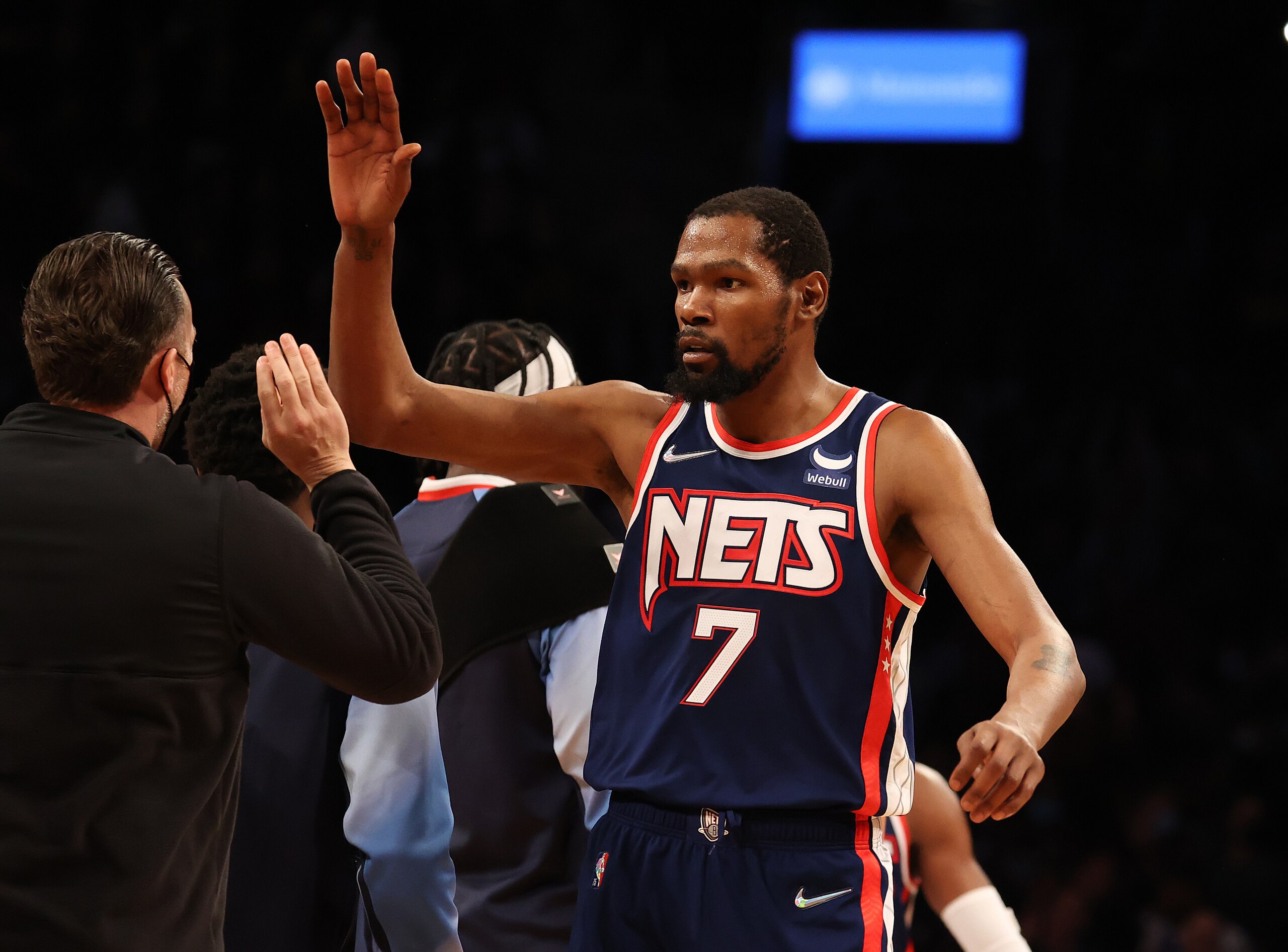 NEW YORK, NEW YORK - DECEMBER 16: Kevin Durant #7 of the Brooklyn Nets celebrates a 114-105 win against the Philadelphia 76ers during their game at Barclays Center on December 16, 2021 in New York City. NOTE TO USER: User expressly acknowledges and agrees that, by downloading and or using this photograph, User is consenting to the terms and conditions of the Getty Images License Agreement. (Photo by Al Bello/Getty Images) NEW YORK, NEW YORK - DECEMBER 16: Kevin Durant #7 of the Brooklyn Nets celebrates a 114-105 win against the Philadelphia 76ers during their game at Barclays Center on December 16, 2021 in New York City. NOTE TO USER: User expressly acknowledges and agrees that, by downloading and or using this photograph, User is consenting to the terms and conditions of the Getty Images License Agreement. (Photo by Al Bello/Getty Images)
