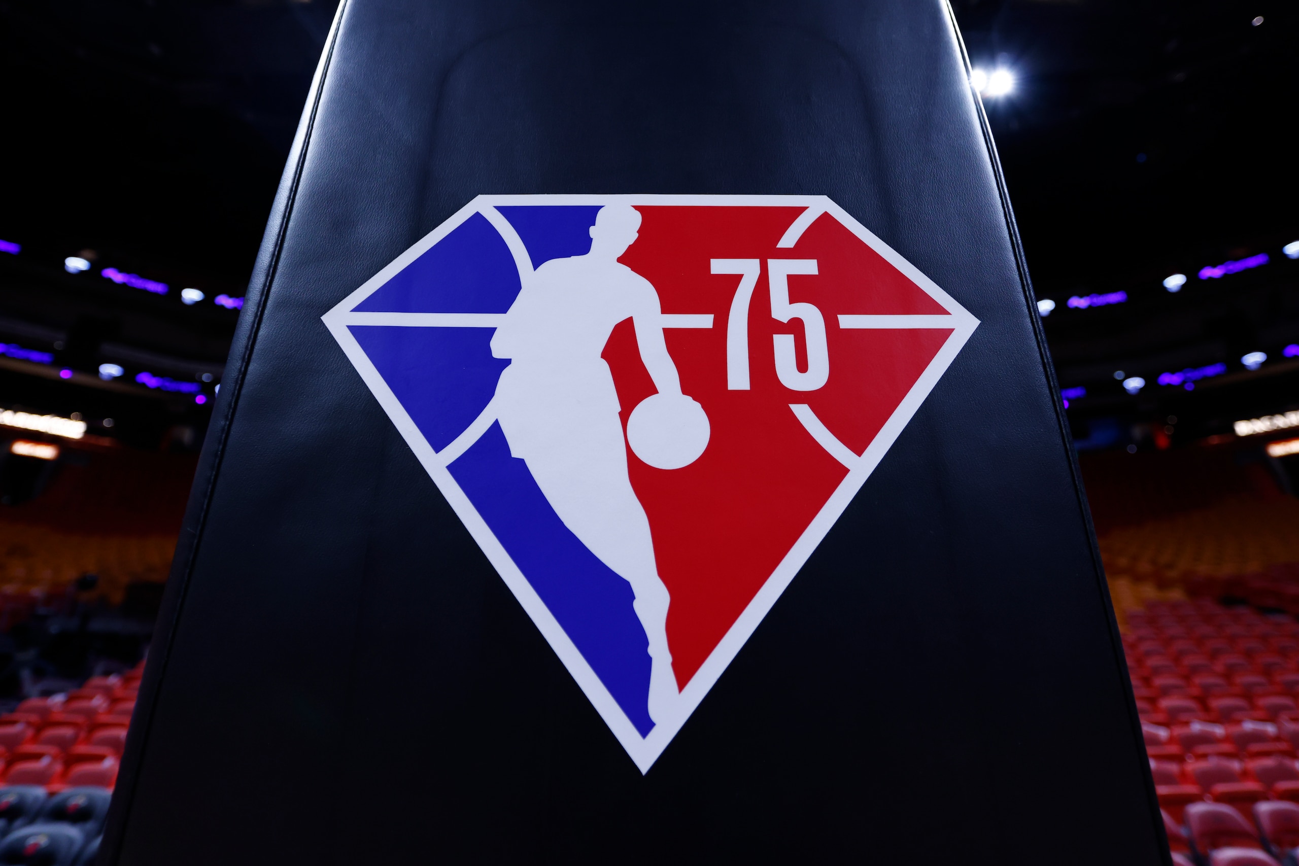 MIAMI, FLORIDA - DECEMBER 08: A detail of the 75th anniversary NBA logo prior to the game between the Miami Heat and the Milwaukee Bucks at FTX Arena on December 08, 2021 in Miami, Florida. NOTE TO USER: User expressly acknowledges and agrees that, by downloading and or using this photograph, User is consenting to the terms and conditions of the Getty Images License Agreement. (Photo by Michael Reaves/Getty Images) MIAMI, FLORIDA - DECEMBER 08: A detail of the 75th anniversary NBA logo prior to the game between the Miami Heat and the Milwaukee Bucks at FTX Arena on December 08, 2021 in Miami, Florida. NOTE TO USER: User expressly acknowledges and agrees that, by downloading and or using this photograph, User is consenting to the terms and conditions of the Getty Images License Agreement. (Photo by Michael Reaves/Getty Images)