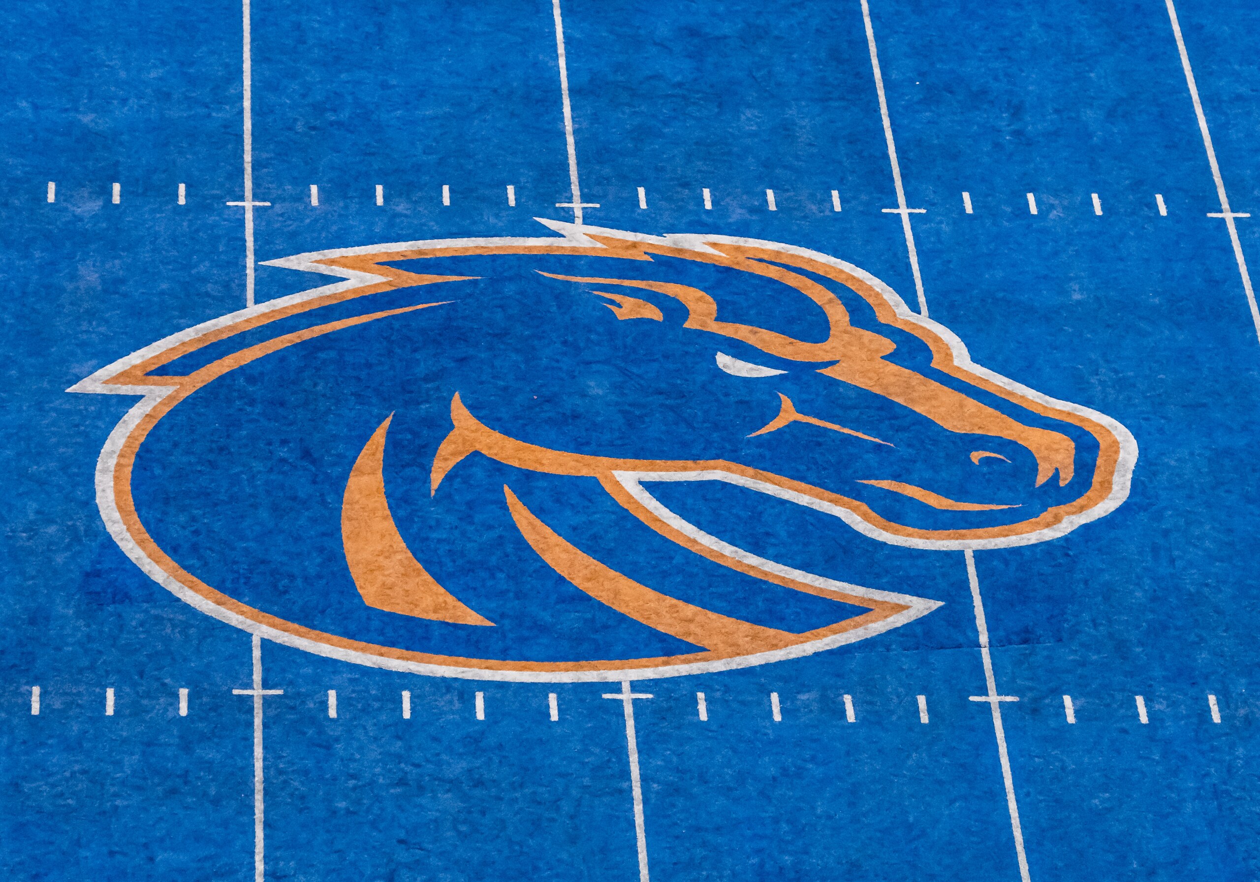 BOISE, ID - SEPTEMBER 08: The Boise State Broncos logo on the blue turf before the game between the Connecticut Huskies vs the Boise State Broncos on Saturday, September 8, 2018, at Albertsons Stadium in Boise, Idaho. (Photo by Douglas Stringer/Icon Sportswire via Getty Images)
