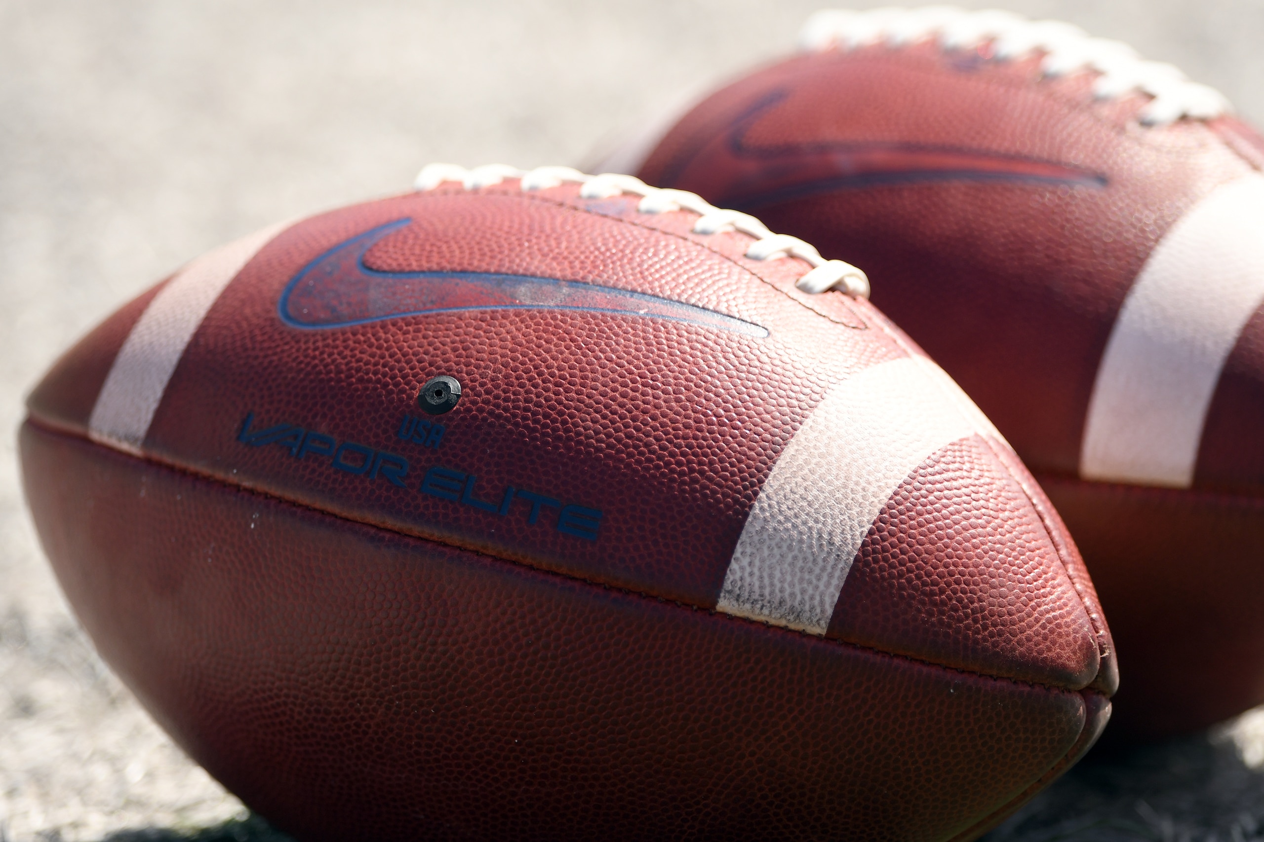 COLLEGE PARK, MD - SEPTEMBER 07:  Footballs on the field before a college football game between the Maryland Terrapins and the Syracuse Orange at Capital One Field at Maryland Stadium on September 7, 2019 in College Park, Maryland.  (Photo by Mitchell Layton/Getty Images) *** Local Caption ***