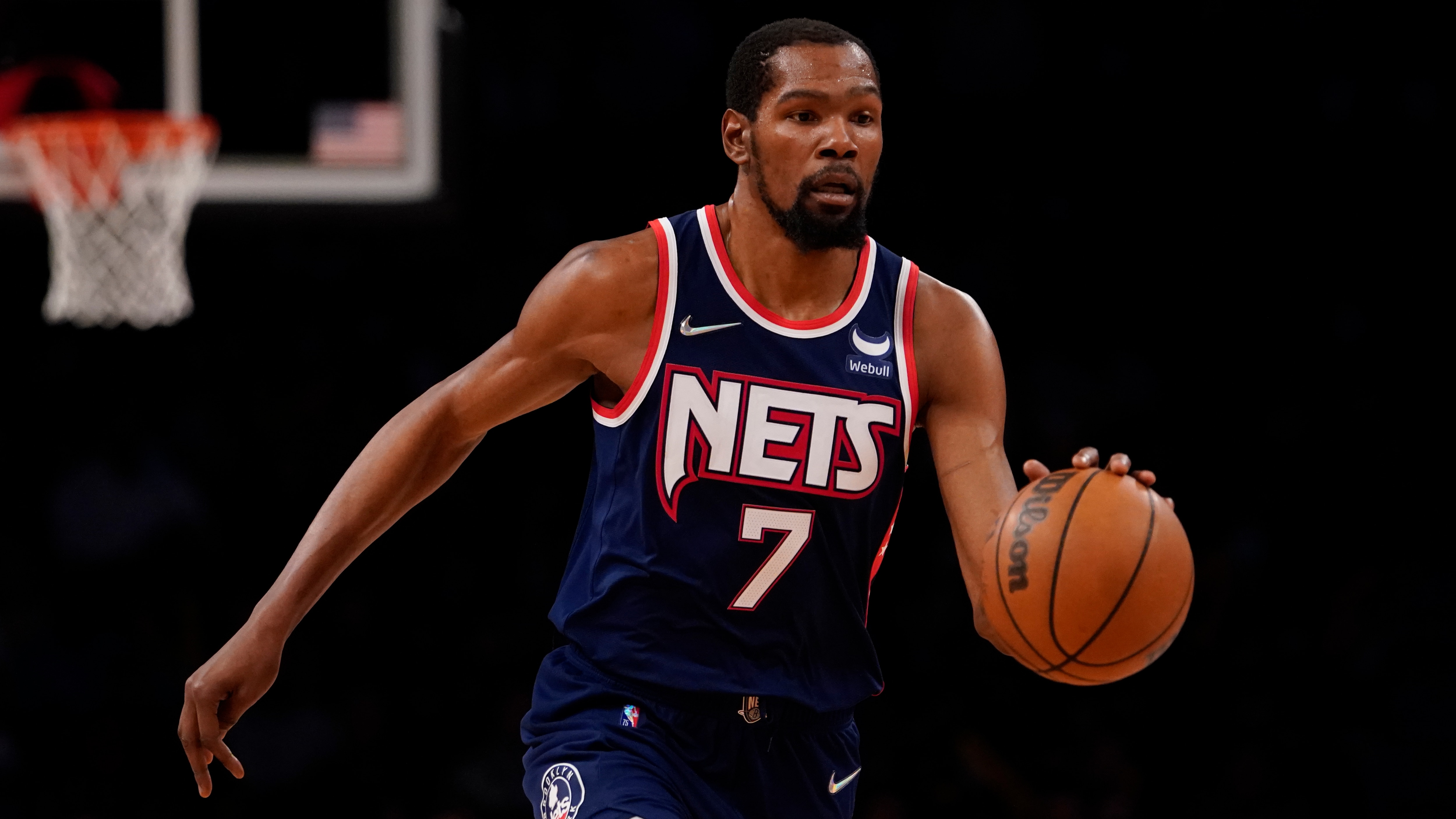 Brooklyn Nets forward Kevin Durant during the second half of an NBA basketball game against the Philadelphia 76ers, Thursday, Dec. 16, 2021, in New York. The Nets won 114-105. (AP Photo/Mary Altaffer)