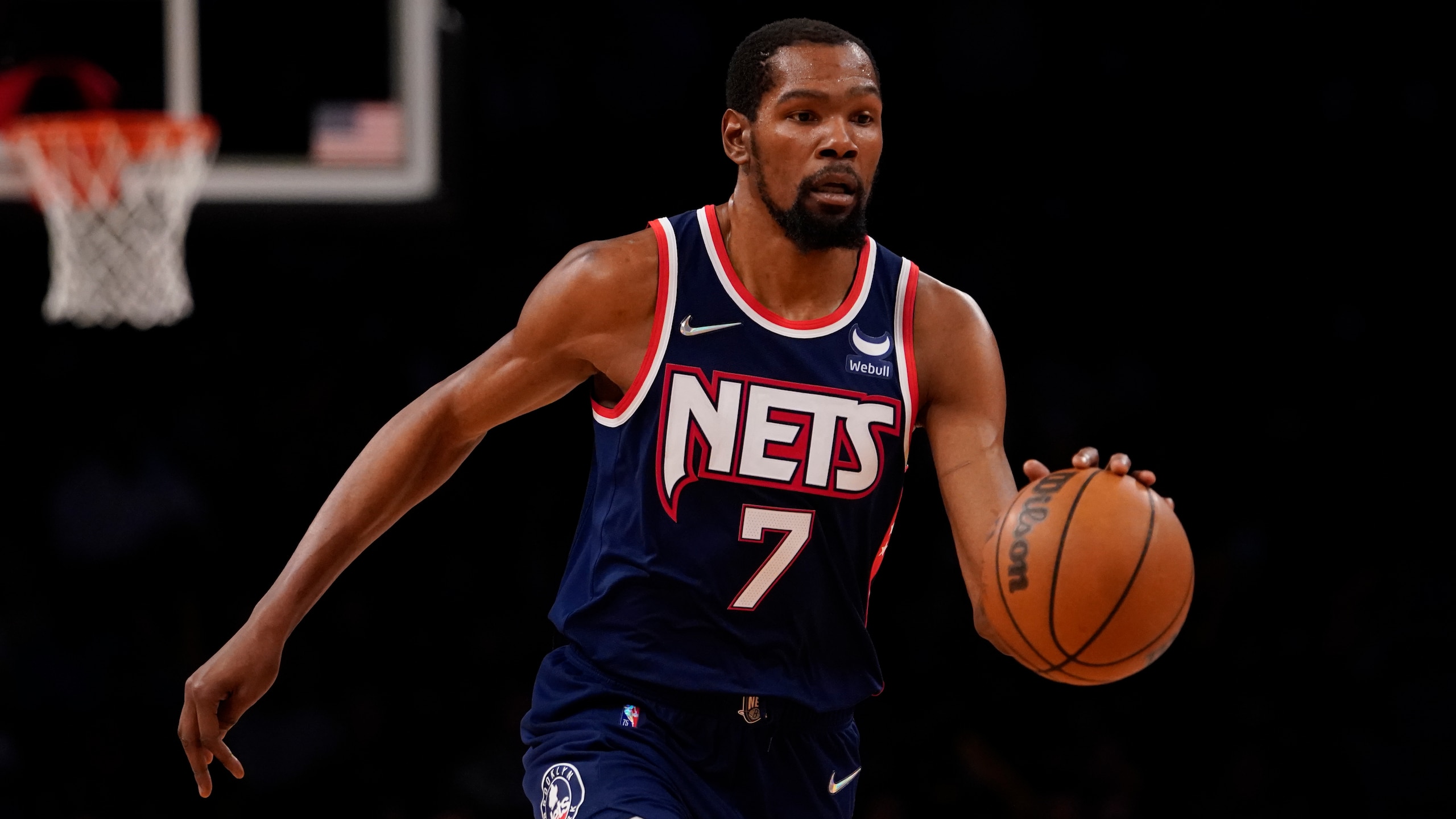 Brooklyn Nets forward Kevin Durant during the second half of an NBA basketball game against the Philadelphia 76ers, Thursday, Dec. 16, 2021, in New York. The Nets won 114-105. (AP Photo/Mary Altaffer)