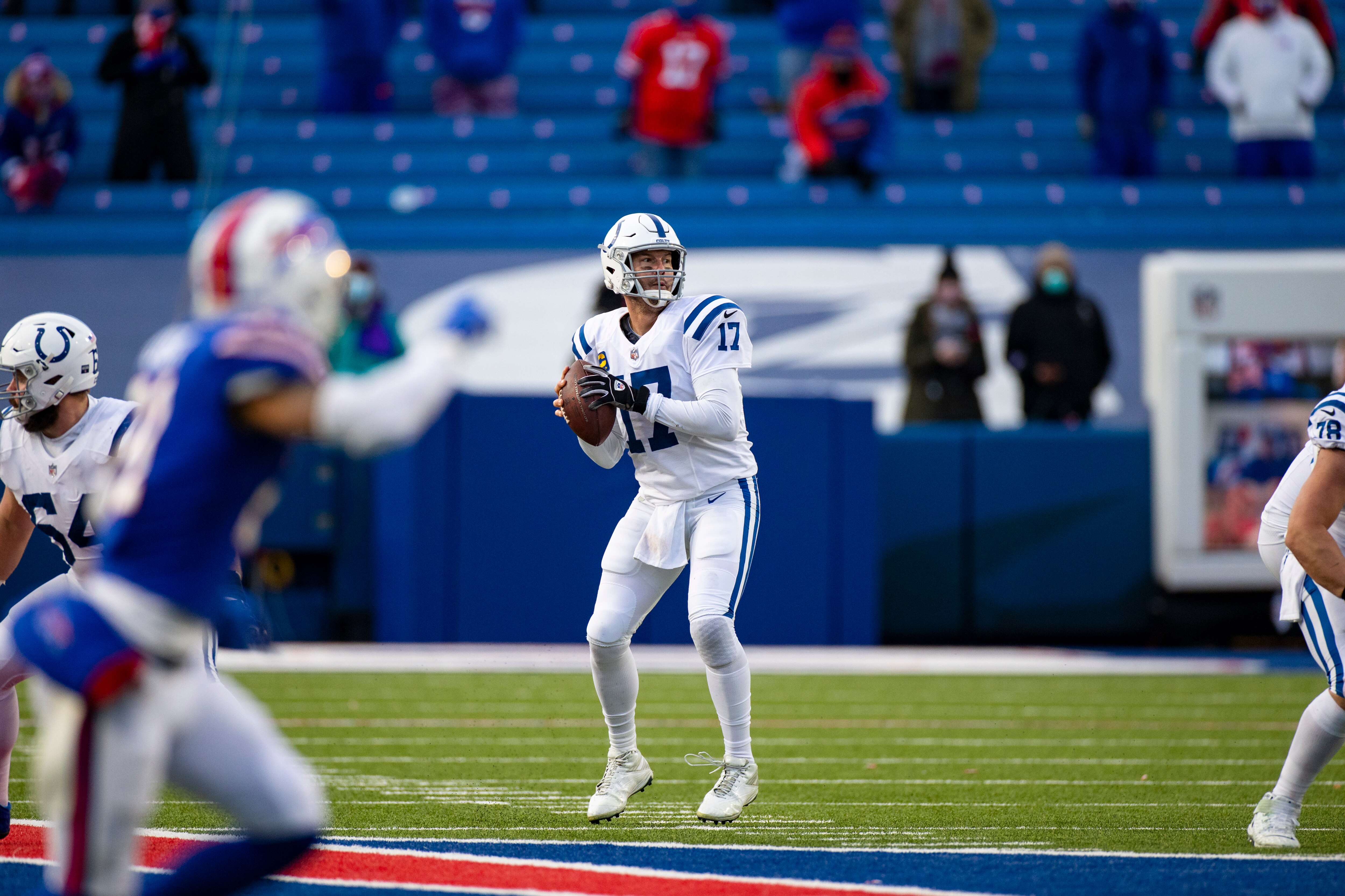 Indianapolis Colts quarterback Philip Rivers (17) looks to pass against the Buffalo Bills during the fourth quarter of an NFL wild-card playoff football game, Saturday, Jan. 9, 2021, in Orchard Park, N.Y. Buffalo won the game 27-24. (AP Photo/Brett Carlsen)