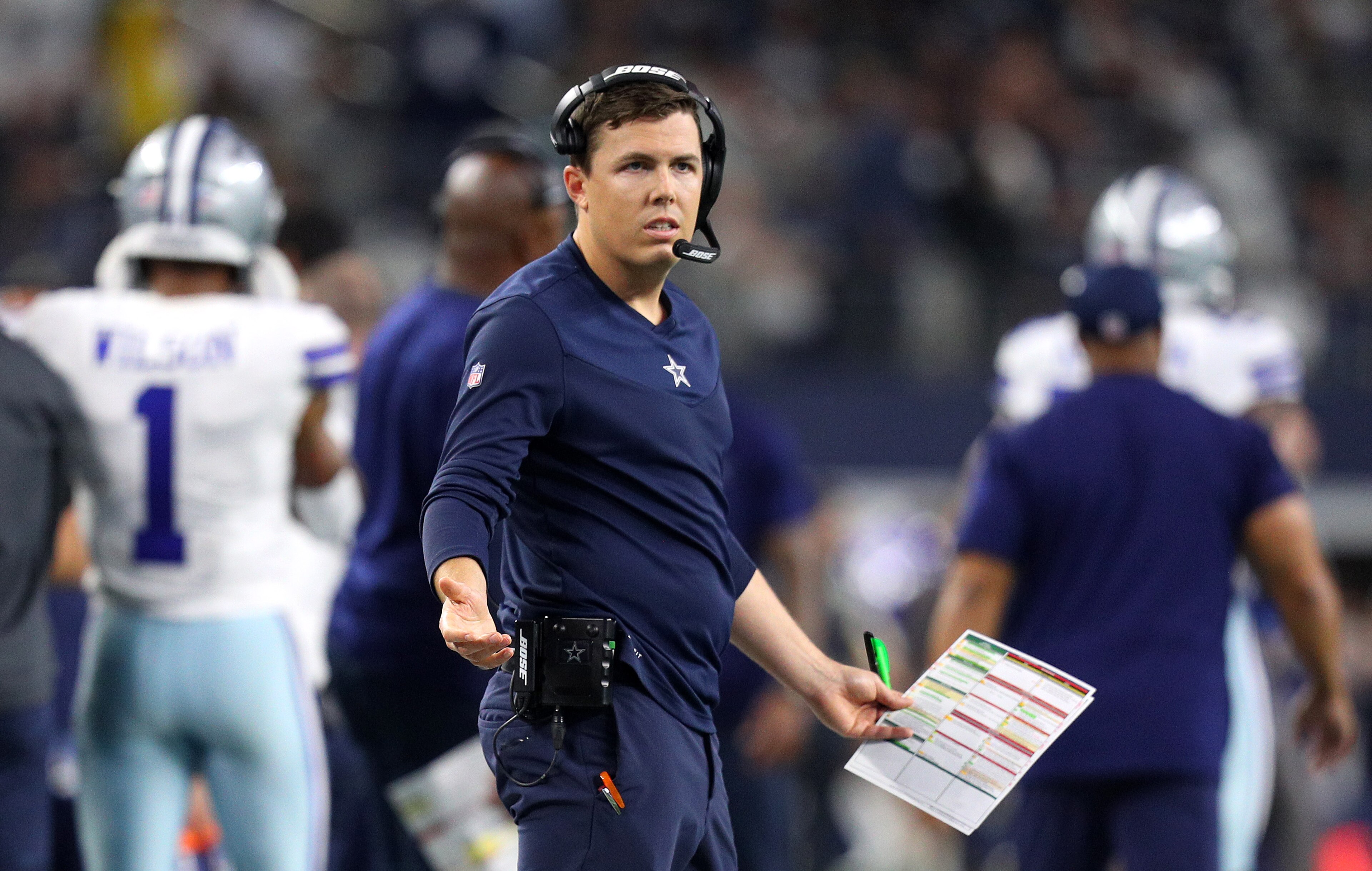 ARLINGTON, TEXAS - NOVEMBER 25: Dallas Cowboys Offensive Coordinator Kellen Moore is seen during the NFL match between Las Vegas Raiders and Dallas Cowboys at AT&T Stadium on November 25, 2021 in Arlington, Texas. (Photo by Richard Rodriguez/Getty Images) ARLINGTON, TEXAS - NOVEMBER 25: Dallas Cowboys Offensive Coordinator Kellen Moore is seen during the NFL match between Las Vegas Raiders and Dallas Cowboys at AT&T Stadium on November 25, 2021 in Arlington, Texas. (Photo by Richard Rodriguez/Getty Images)