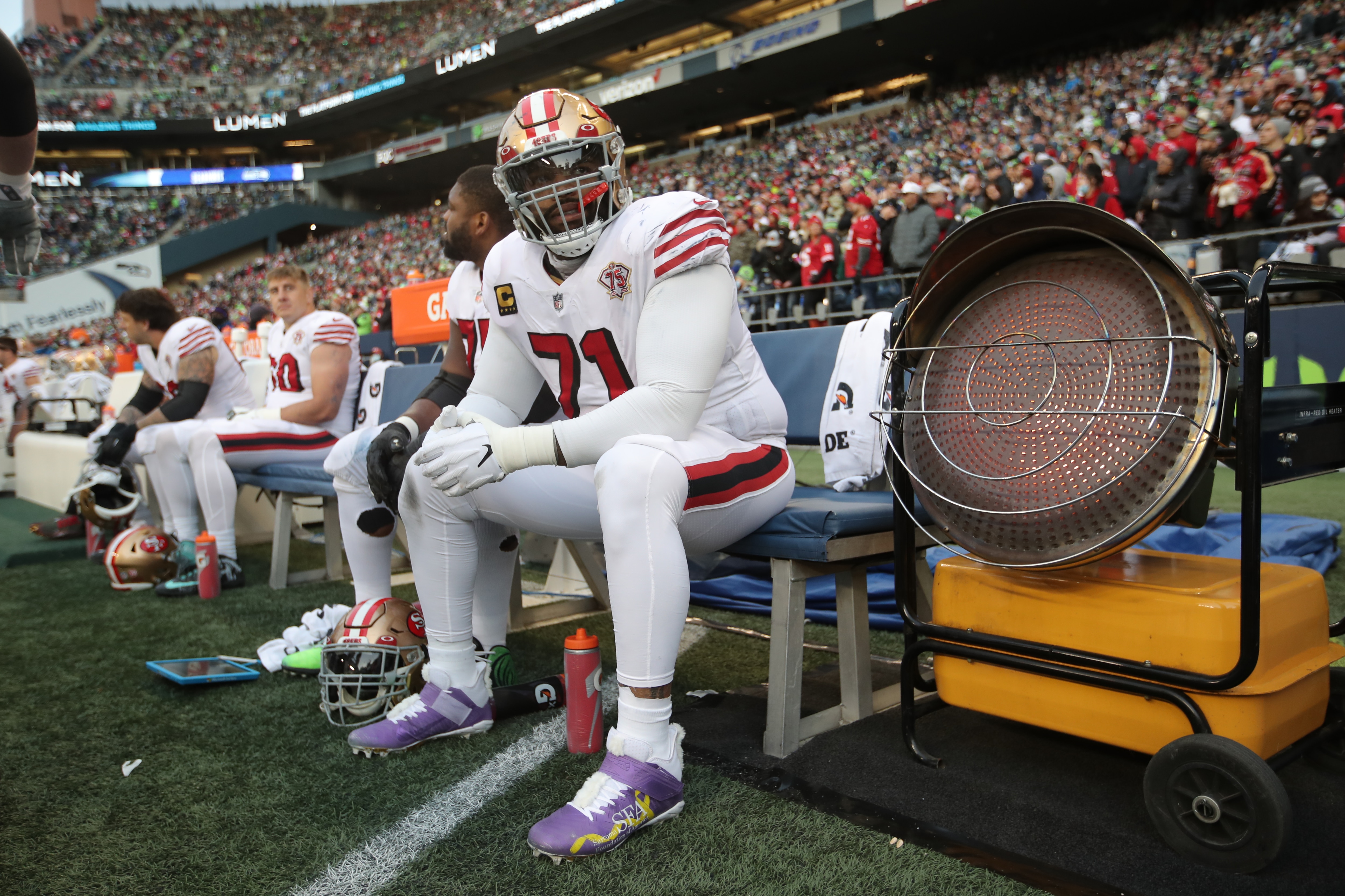 SEATTLE, WA - DECEMBER 5: Trent Williams #71 of the San Francisco 49ers on the sideline during the game against the Seattle Seahawks at Lumen Field on December 5, 2021 in Seattle, Washington. The Seahawks defeated the 49ers 30-23. (Photo by Michael Zagaris/San Francisco 49ers/Getty Images)