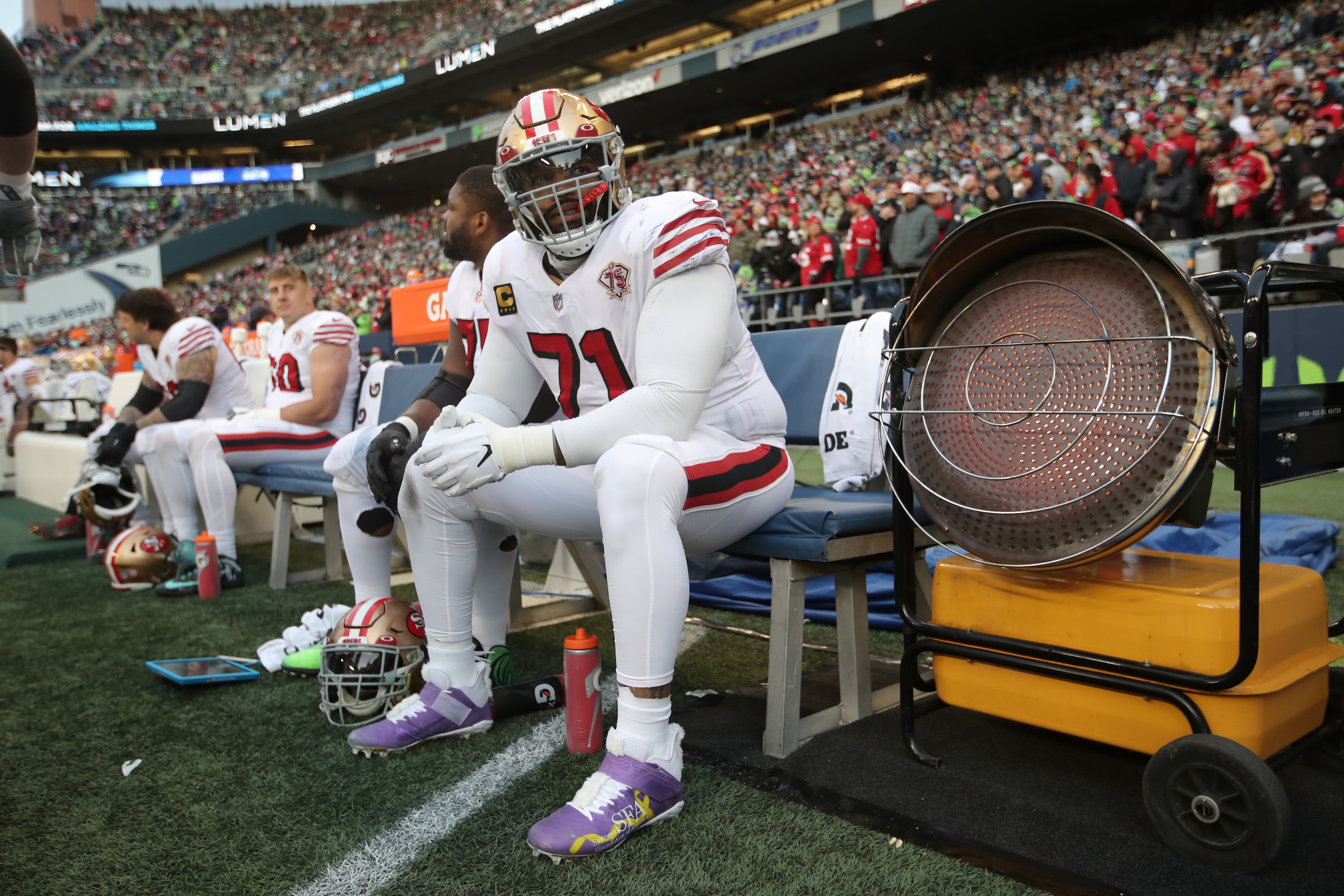 SEATTLE, WA - DECEMBER 5: Trent Williams #71 of the San Francisco 49ers on the sideline during the game against the Seattle Seahawks at Lumen Field on December 5, 2021 in Seattle, Washington. The Seahawks defeated the 49ers 30-23. (Photo by Michael Zagaris/San Francisco 49ers/Getty Images)
