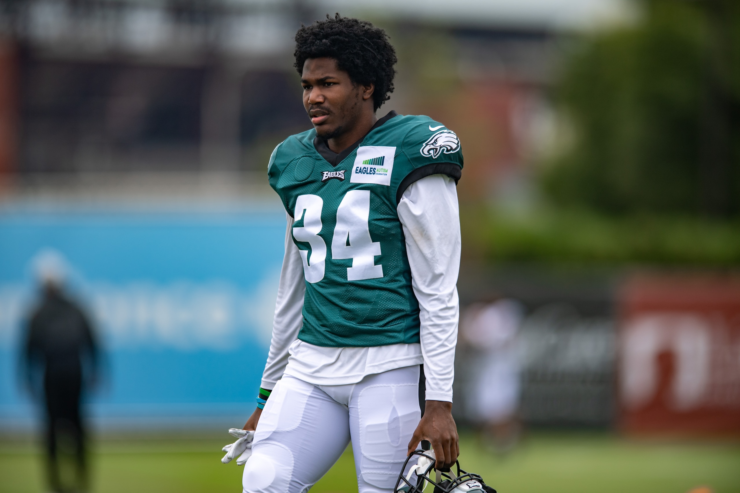 PHILADELPHIA, PA - AUGUST 03: Philadelphia Eagles running back Kerryon Johnson (34) during Philadelphia Eagles training camp on August 3, 2021 at Novacare Complex in Philadelphia, PA  (Photo by John Jones/Icon Sportswire via Getty Images)