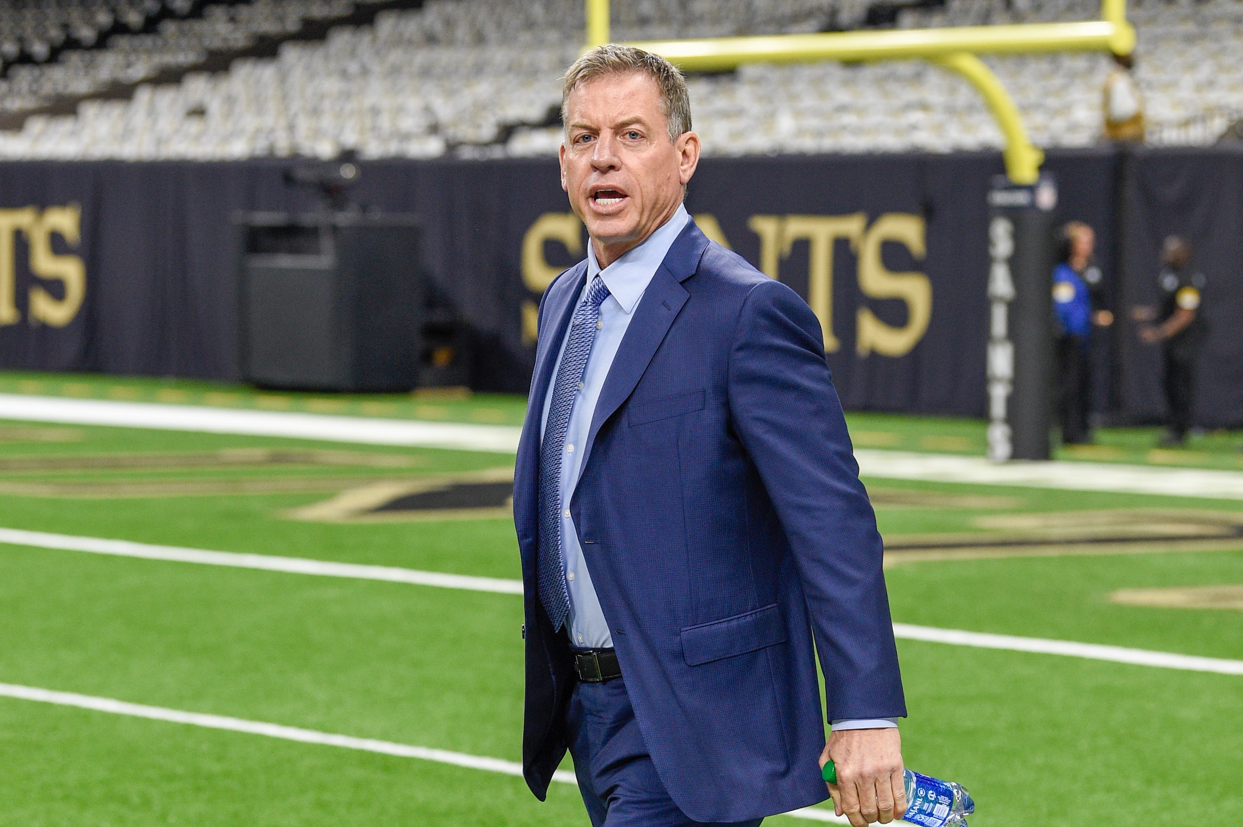 NEW ORLEANS, LA - OCTOBER 31: Troy Aikman walks the field before the football game between the Tampa Bay Buccaneers and New Orleans Saints at Caesar's Superdome on October 31, 2021 in New Orleans, LA. (Photo by Ken Murray/Icon Sportswire via Getty Images)
