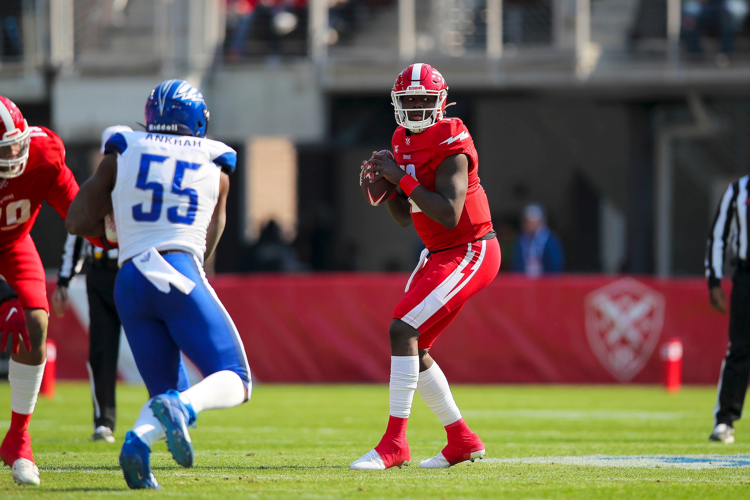 WASHINGTON, DC - MARCH 8: Cardale Jones #12 of the DC Defenders drops back to pass during the XFL game against the St. Louis BattleHawks at Audi Field on March 8, 2020 in Washington, DC. (Photo by Shawn Hubbard/XFL via Getty Images)