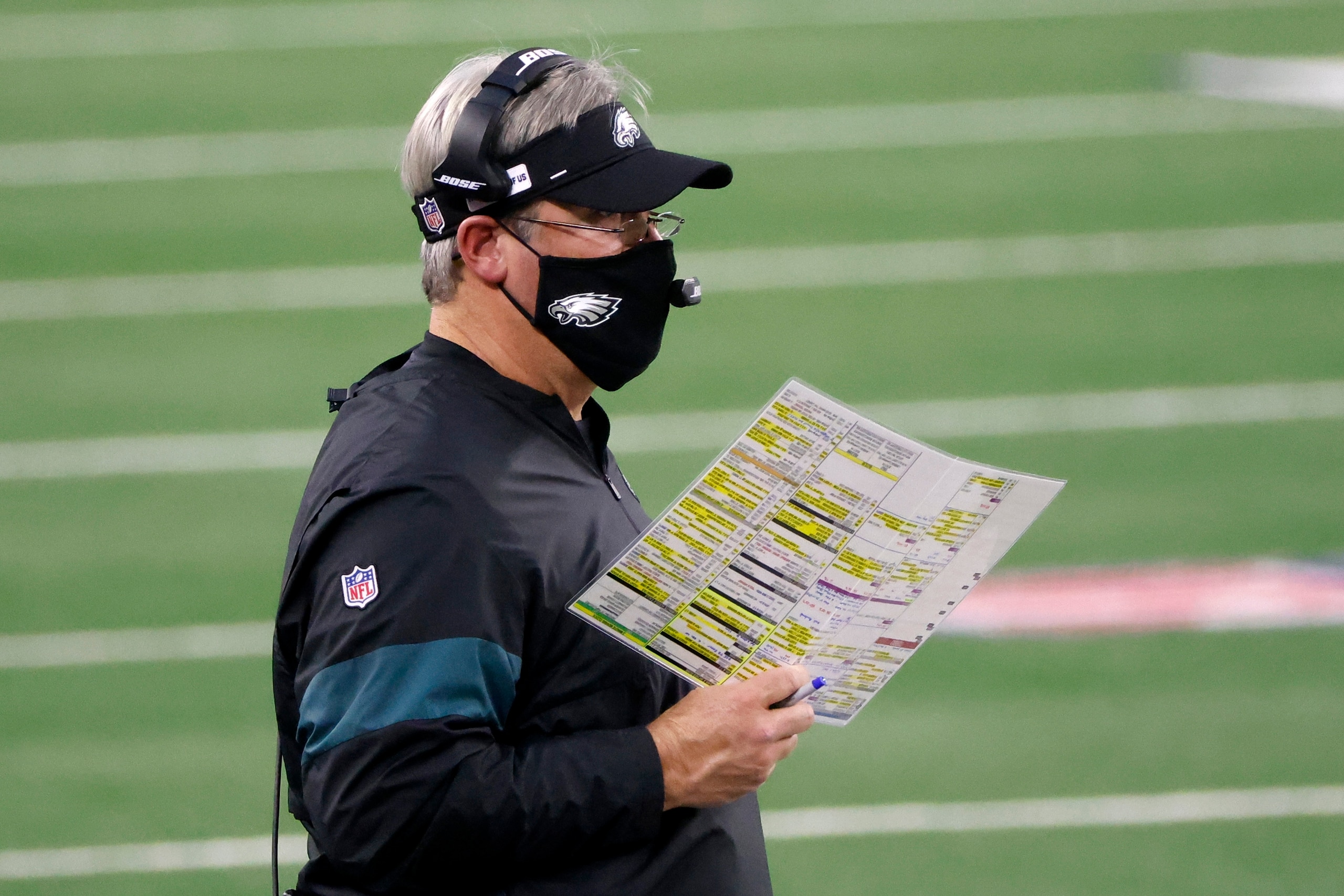 Philadelphia Eagles head coach Doug Pederson watches play against the Dallas Cowboys in the second half of an NFL football game in Arlington, Texas, Sunday, Dec. 27. 2020. (AP Photo/Michael Ainsworth)