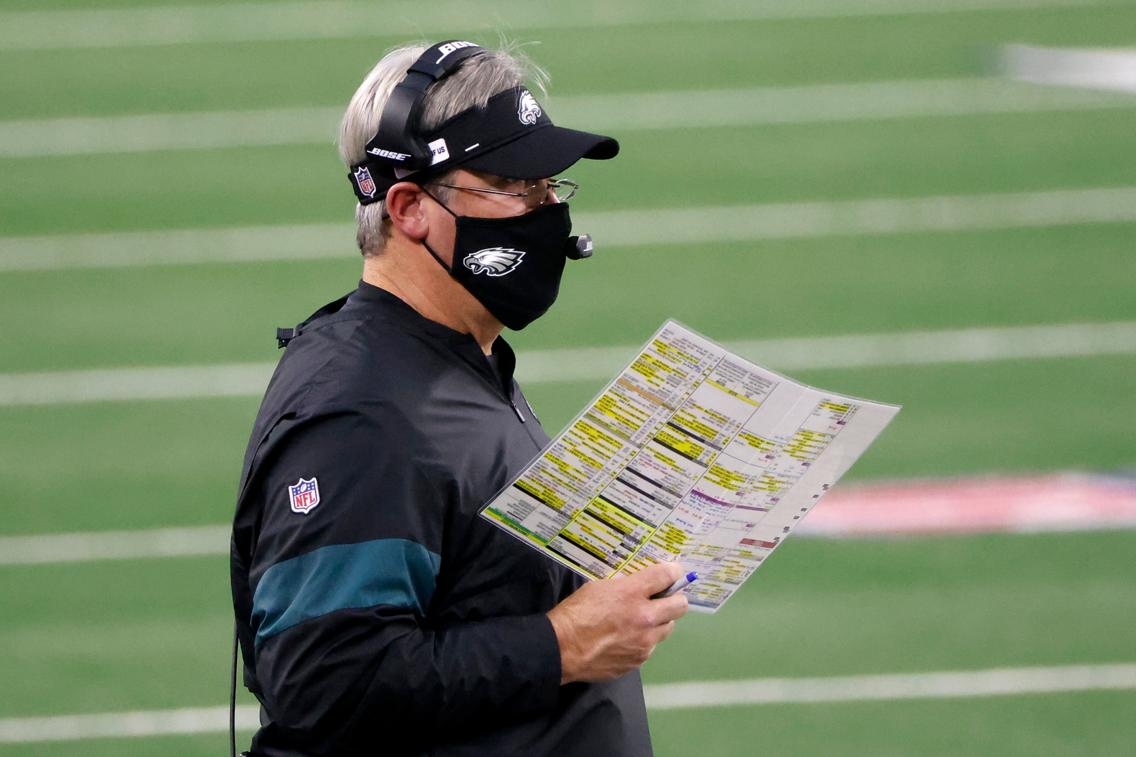 Philadelphia Eagles head coach Doug Pederson watches play against the Dallas Cowboys in the second half of an NFL football game in Arlington, Texas, Sunday, Dec. 27. 2020. (AP Photo/Michael Ainsworth)