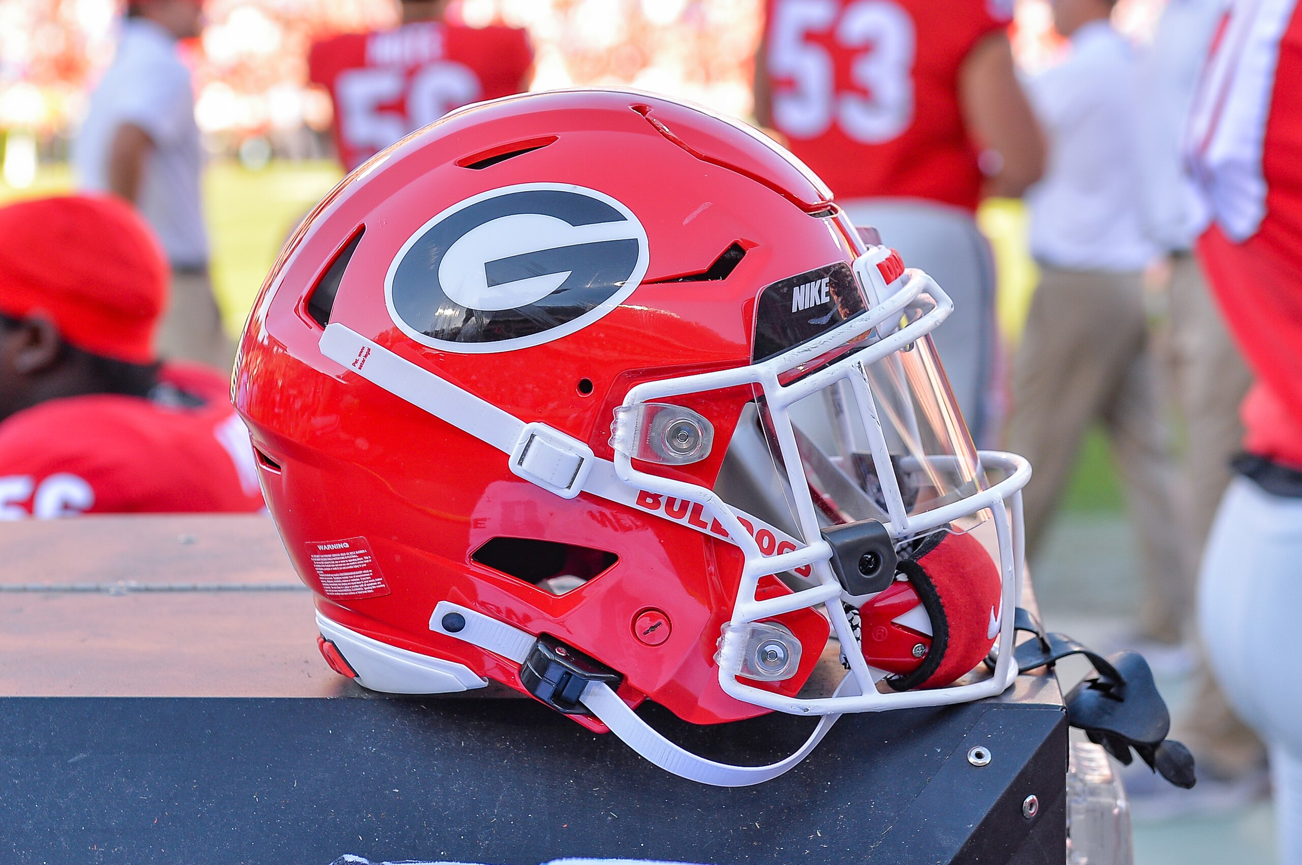 ATHENS, GA  OCTOBER 16:  A Georgia football helmet on the sideline during the college football game between the Kentucky Wildcats and the Georgia Bulldogs on October 16th, 2021 at Sanford Stadium in Athens, GA.  (Photo by Rich von Biberstein/Icon Sportswire via Getty Images)