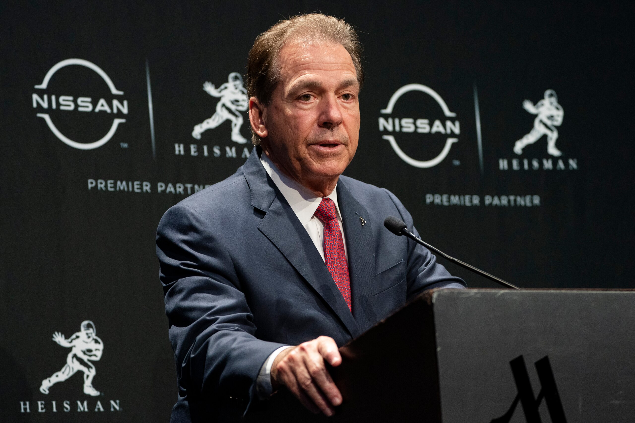 Alabama head coach Nick Saban speaks during a news conference after quarterback Bryce Young won the Heisman Trophy, Saturday, Dec. 11, 2021, in New York. (AP Photo/John Minchillo)