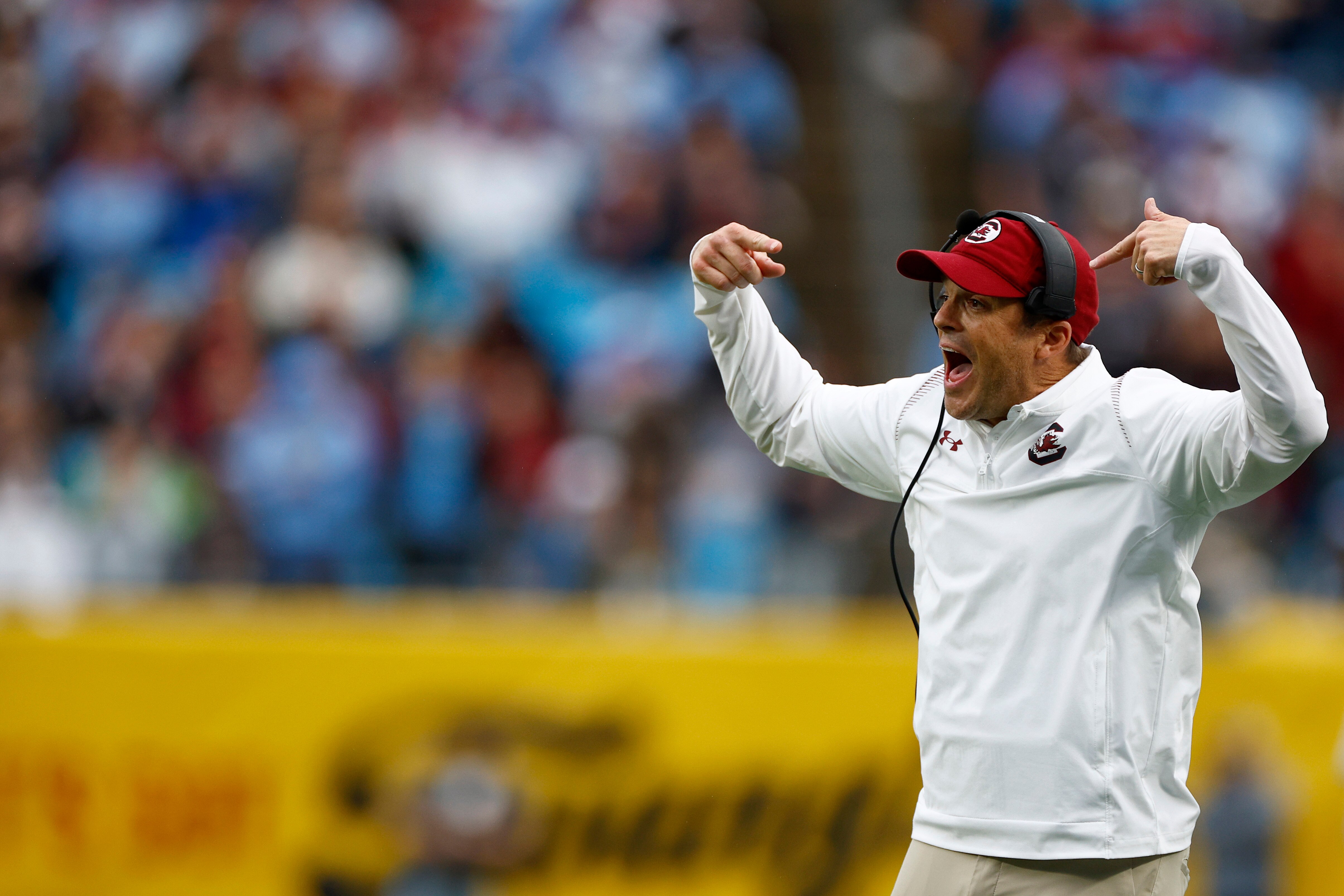 CHARLOTTE, NORTH CAROLINA - DECEMBER 30: Head coach Shane Beamer of the South Carolina Gamecocks reacts during the second half of the Duke's Mayo Bowl against the North Carolina Tar Heels at Bank of America Stadium on December 30, 2021 in Charlotte, North Carolina. (Photo by Jared C. Tilton/Getty Images)